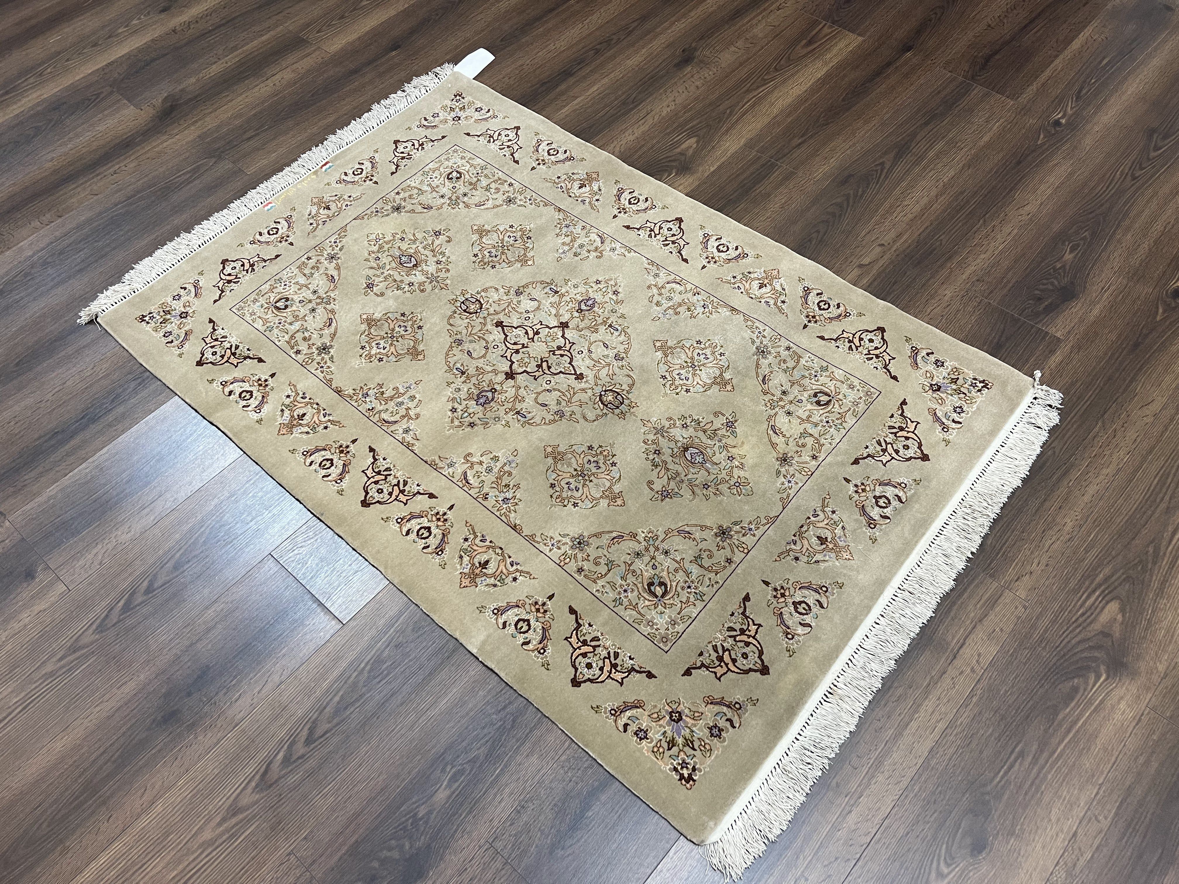 Very Fine Persian Isfahan Rug 3x5 ft with Signature, Kork Wool on Silk Foundation, Gray-Taupe Vintage Hand Knotted Oriental Carpet, 60 Raj 460 KPSI - Jewel Rugs