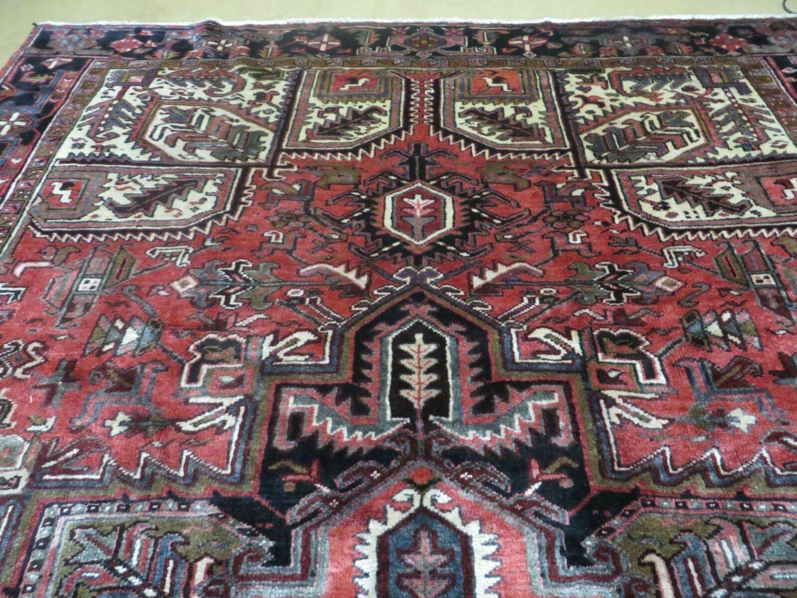 Persian Heriz Rug 8x12 Semi Antique Heriz Carpet, Room Sized Persian Carpet, Geometric Medallion, Wool, Hand Knotted, Red Ivory Dark Blue - Jewel Rugs