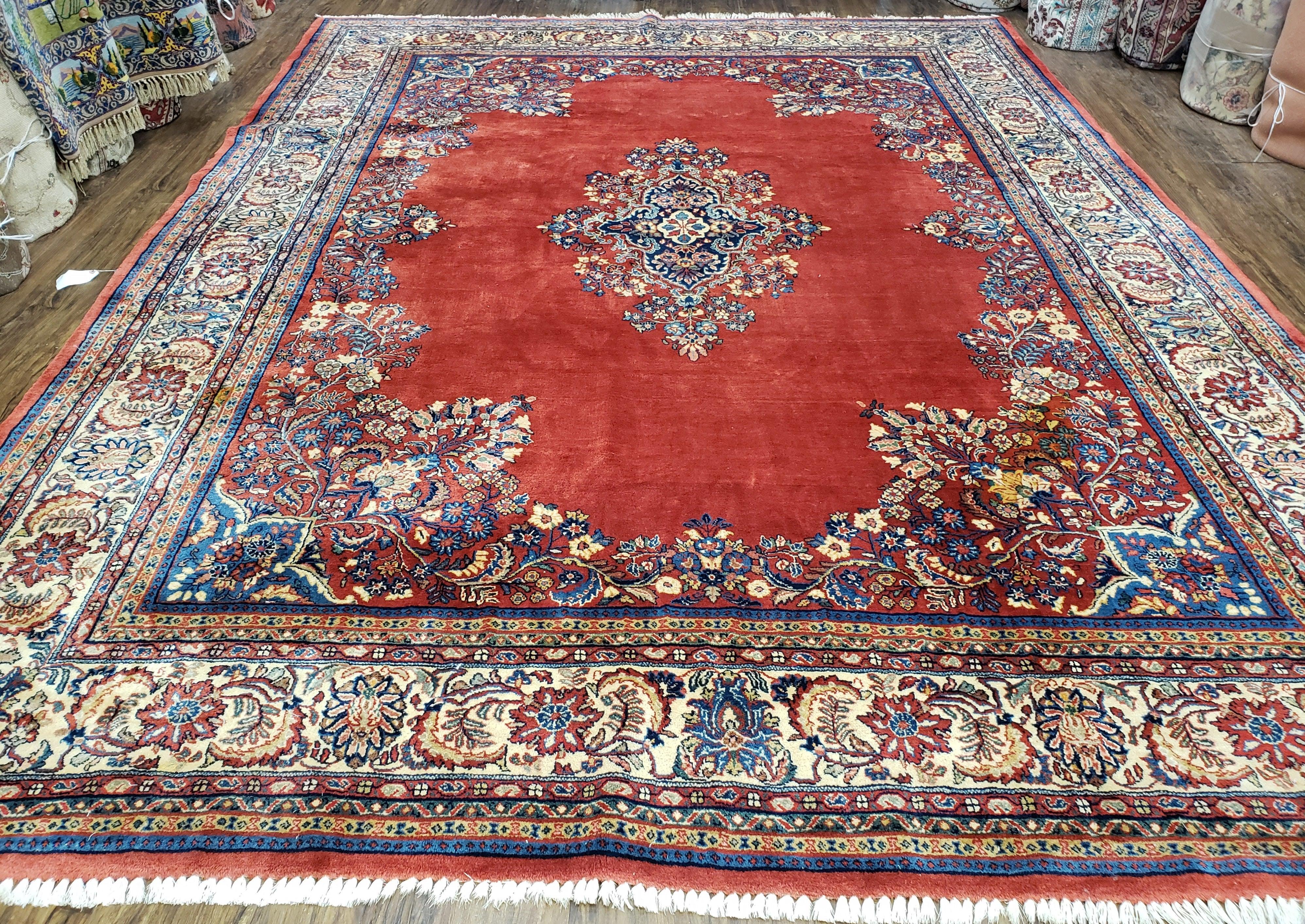 Semi Antique Persian Sarouk Rug 9x12, Semi Open Field with Central Medallion, Hand Knotted Wool, Tomato Red, 9 x 12 Authentic Oriental Carpet - Jewel Rugs