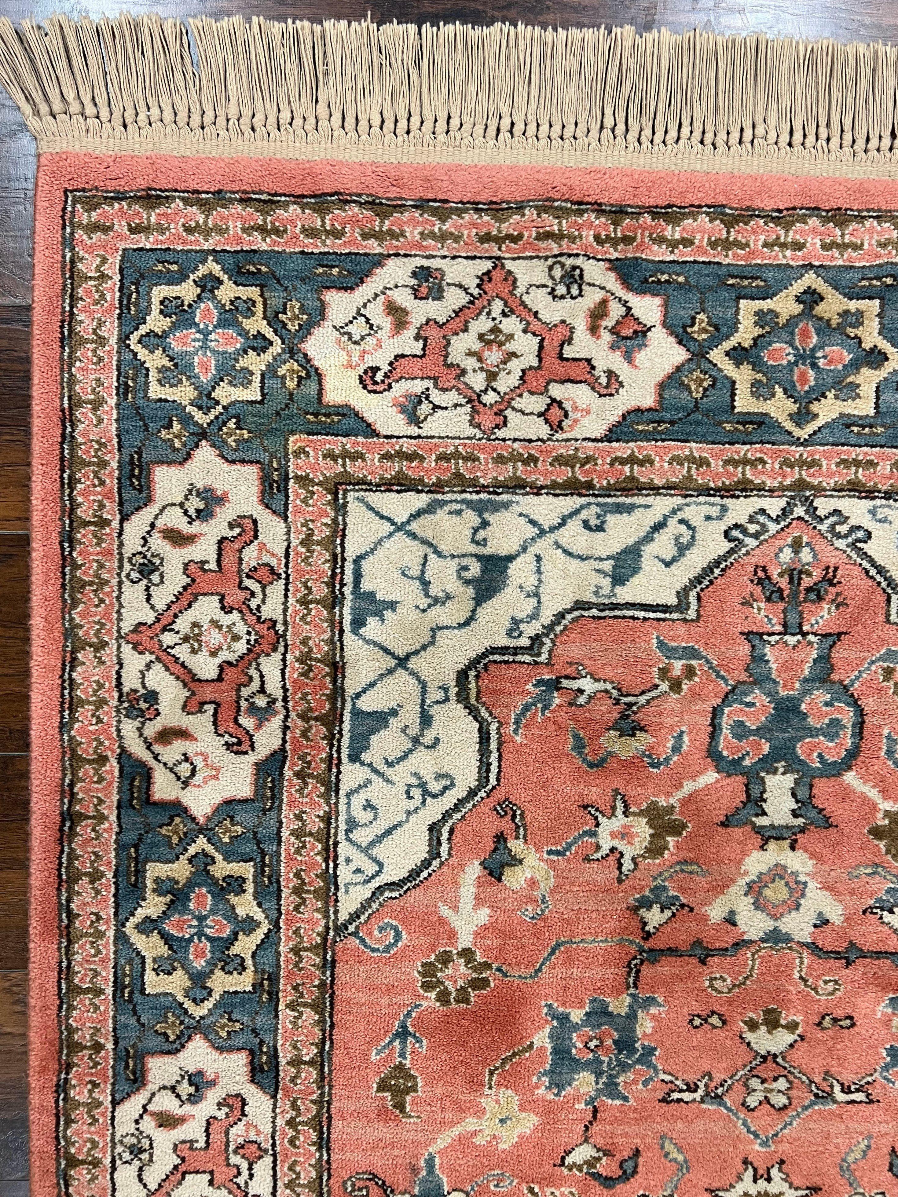 Karastan Rug 4x6 Bergama Design #737, Karastan Area Rug, Vintage Wool Karastan Carpet, Original Collection 700 Series, Salmon Red Light Blue - Jewel Rugs