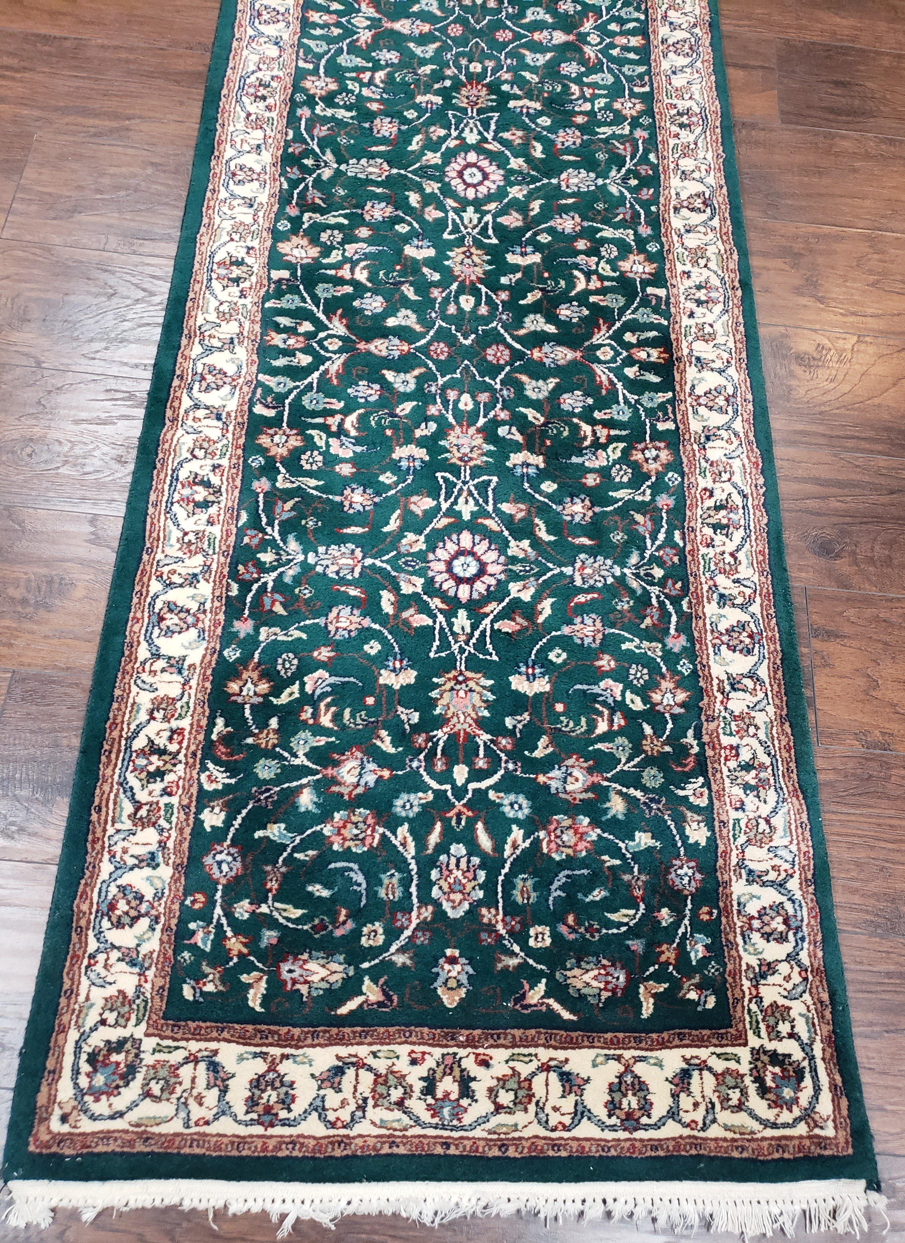 Extra Long Runner Rug 24 ft, Skinny & Long Rug for Hallway Corridor 2.6 x 24 Indo Persian Vintage Wool Rug Green and Cream Handmade Oriental - Jewel Rugs