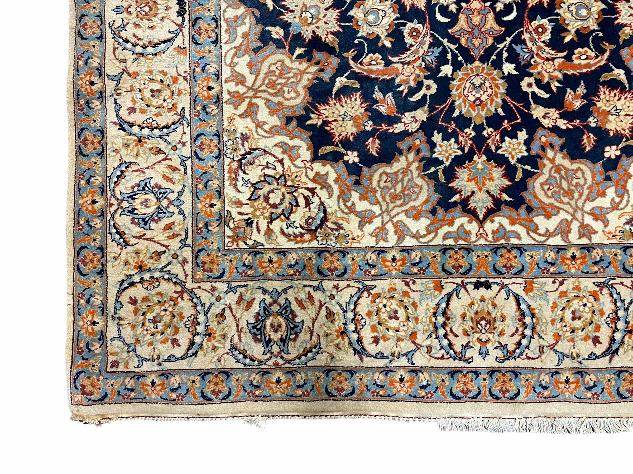 Persian Isfahan Rug 4x5, Navy Blue & Ivory, Wool and Silk Highlights - Jewel Rugs