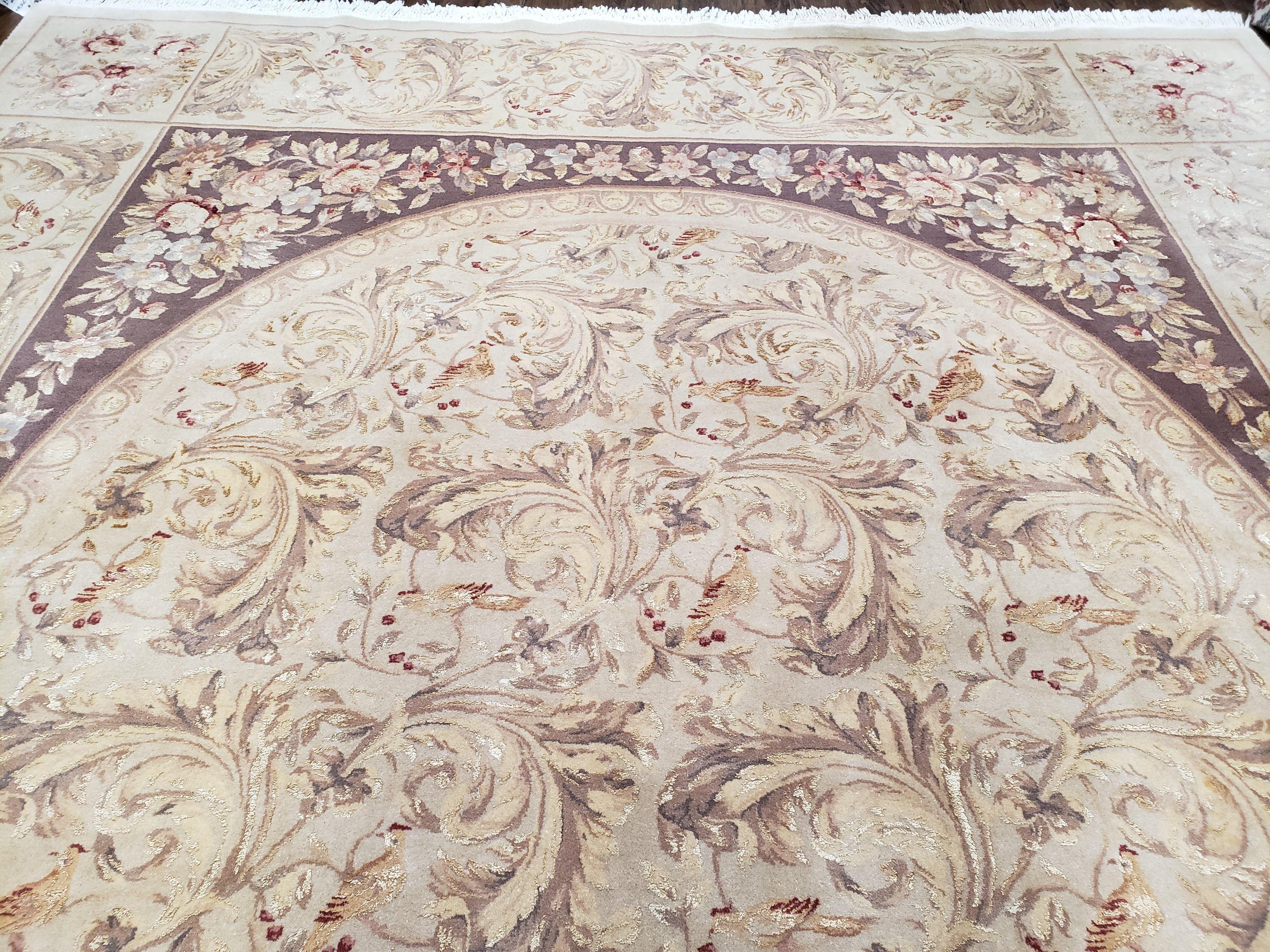 Chinese Aubusson Savonnerie Area Rug 8x12, Vintage 120 Line Carpet, Wool and Silk Hand-Knotted, Birds Flowers Master Weaver Signature - Jewel Rugs