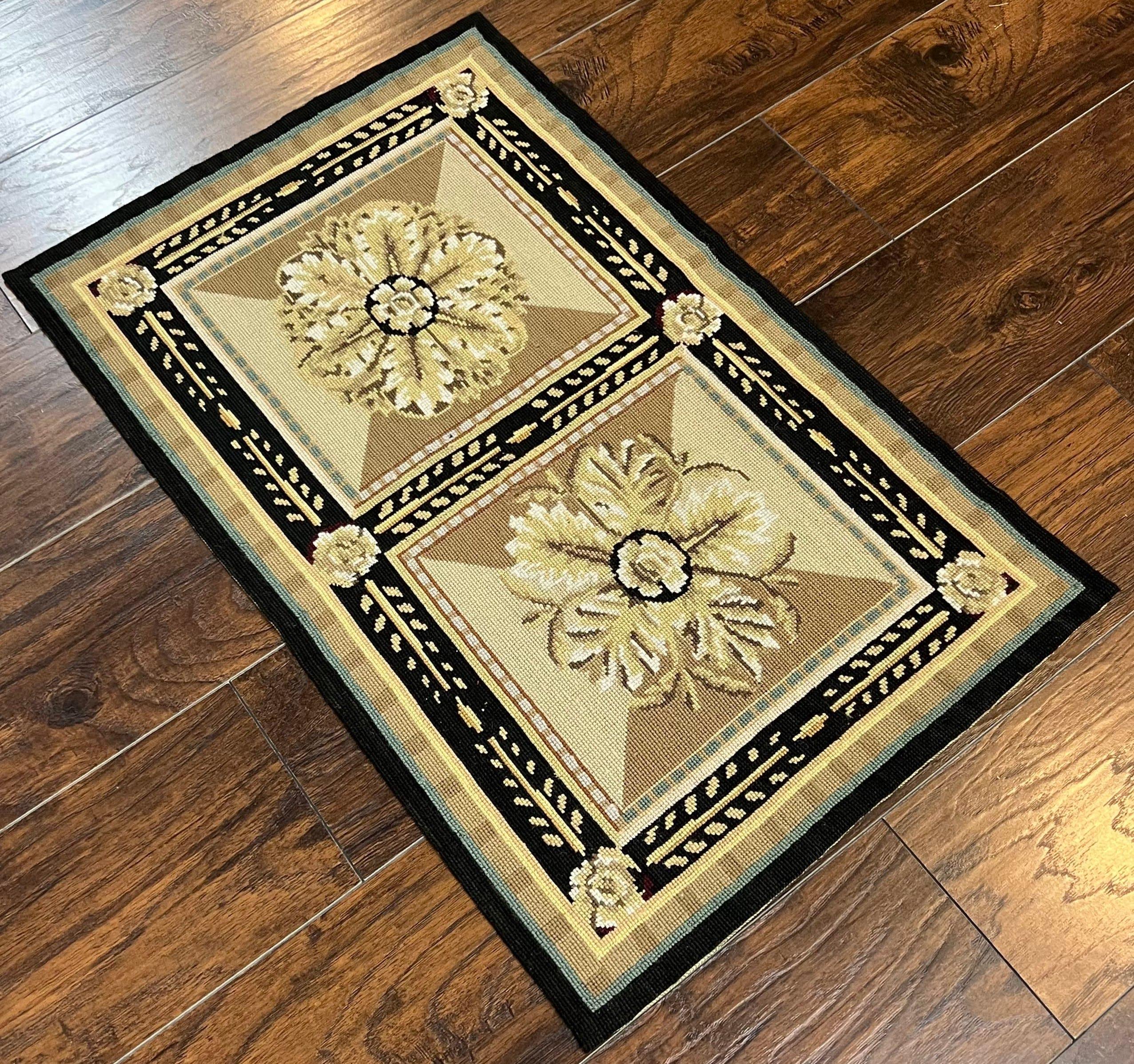Small Needlepoint Rug 2x3 ft, Flatweave Vintage Handmade Hand-woven Needlepoint Carpet 2 x 3, Wool, Fine, Floral Panel, Beige Tan Black - Jewel Rugs