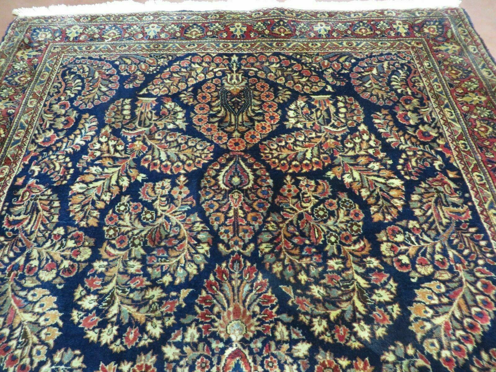 Antique Persian Sarouk Rug 4x6, Hand Knotted 1920s Oriental Carpet 4 x 6 ft, Navy Blue and Red Wool Rug, Handmade Floral Allover Persian Area Rug - Jewel Rugs