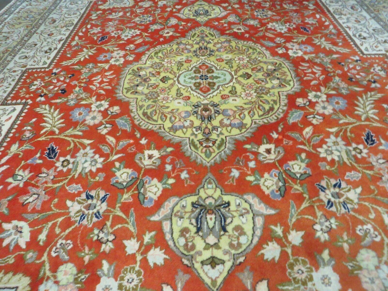Vintage Persian Tabriz Rug 9x12, Tabatabaie Rug 9x12 Carpet, Handmade Hand Knotted Wool Area Rug, Tomato Red Beige, Medallion Rug, Floral - Jewel Rugs