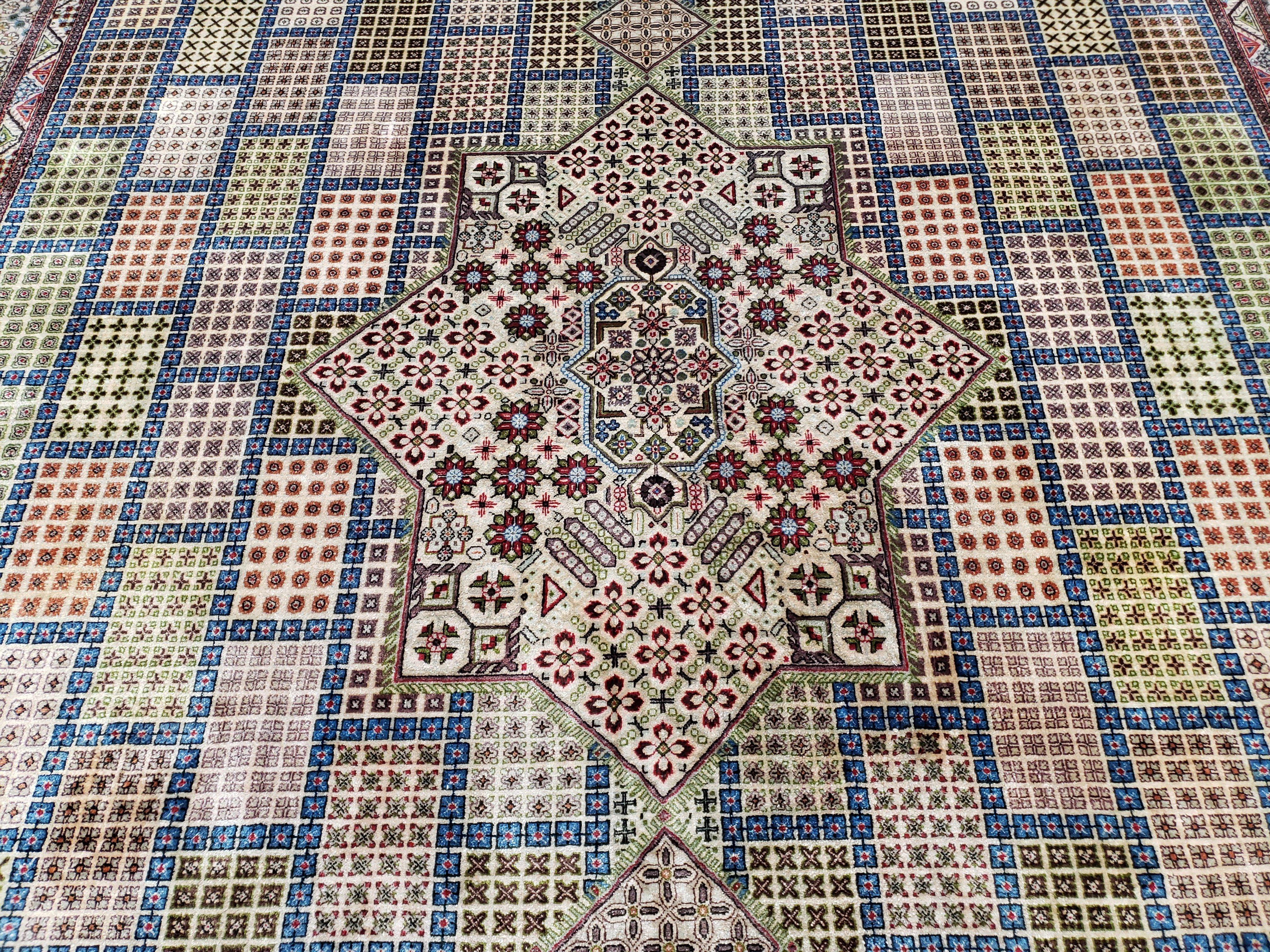 Sino Persian Silk Rug 6.4 x 9.9, Very Fine Hand Knotted Carpet, Panel Design Multicolor, Silk Pile on Silk Foundation, Handmade Vintage - Jewel Rugs