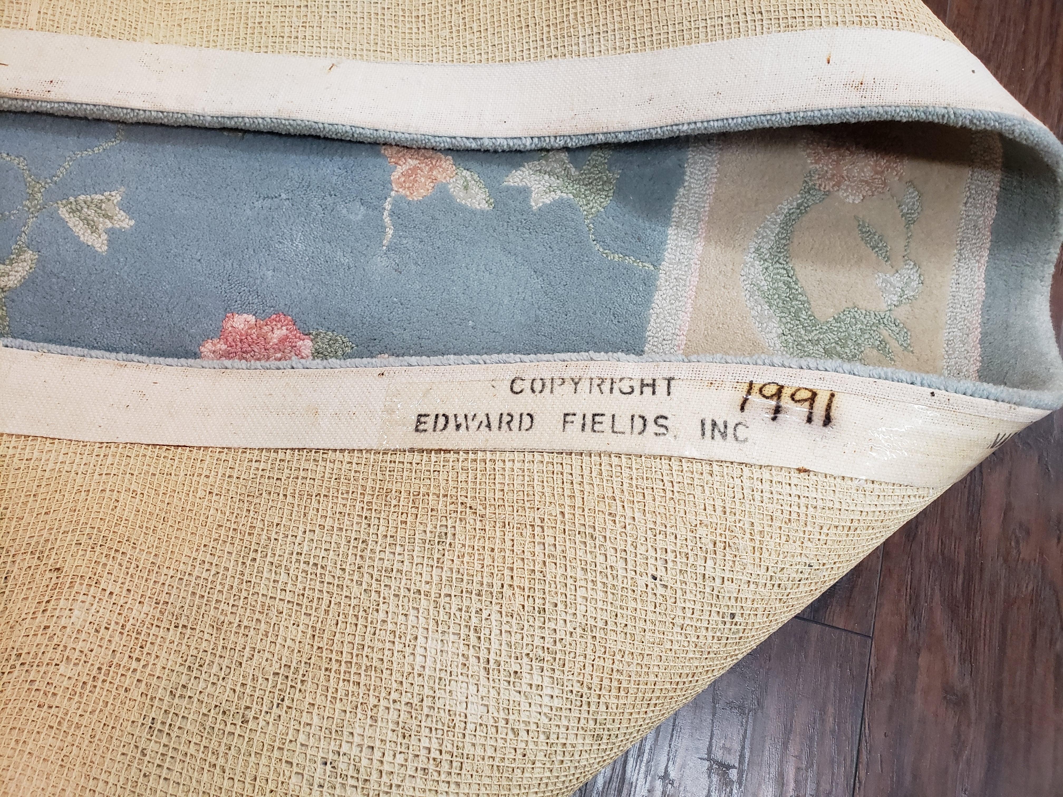 Vintage Edward Fields Room Size Area Rug 10x15, Wool Hand Tufted Light Blue Cream Floral American Carpet, 10 x 15 Large Living Room Rug - Jewel Rugs