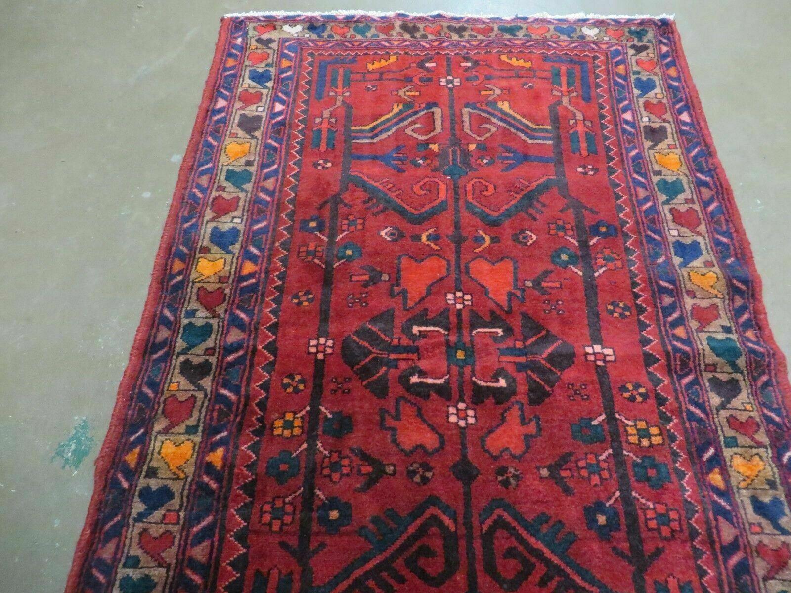 Antique Persian Hamadan Runner 3.4 x 9.7 - Wool, Red and Navy Blue - Jewel Rugs