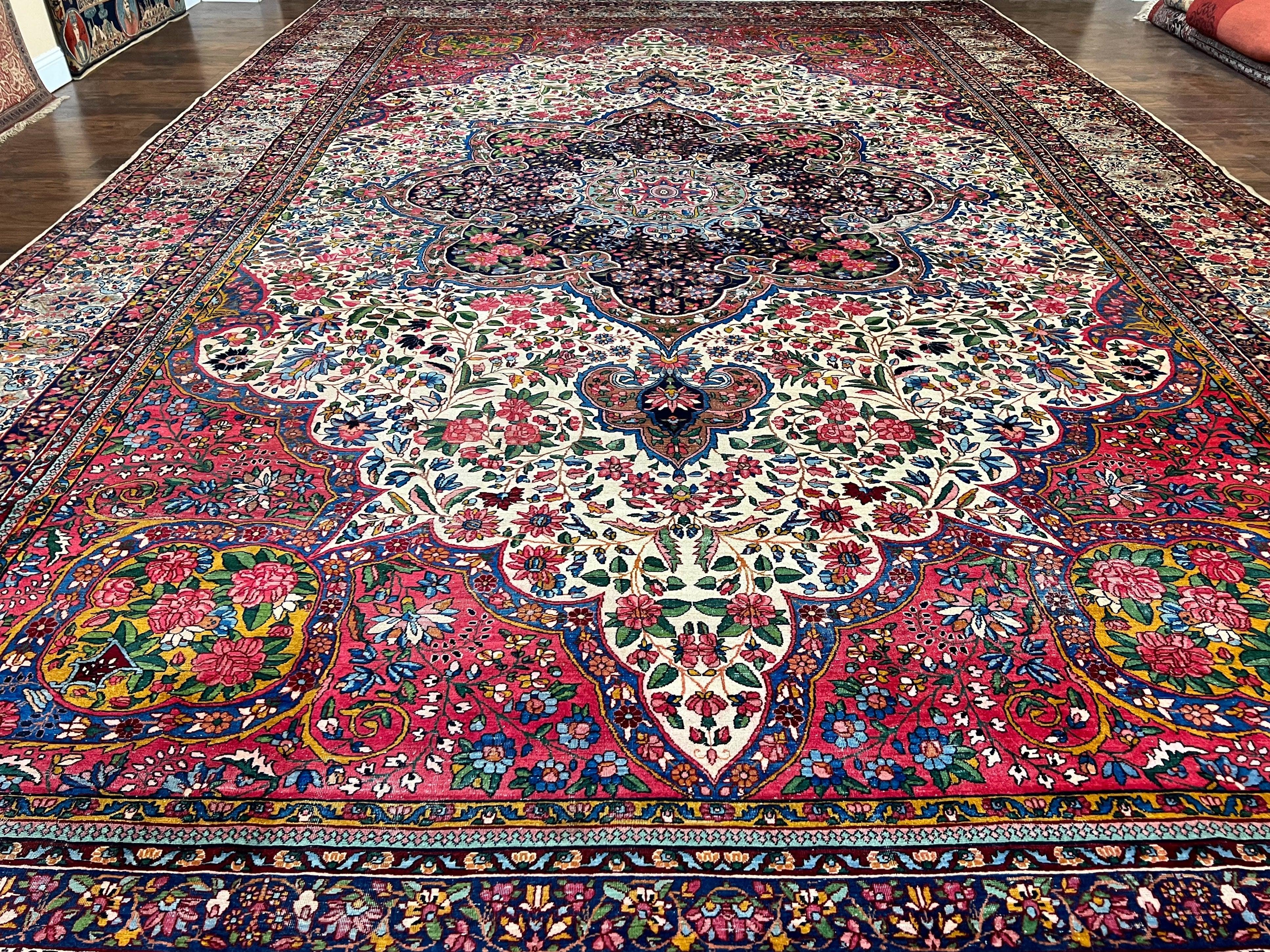 Spectacular Antique Persian Rug 12x19, Oversized Carpet 12 x 19, Palace Sized Hand Knotted Wool Rug, Floral Medallion, Kirman Lavar, Ivory Red - Jewel Rugs
