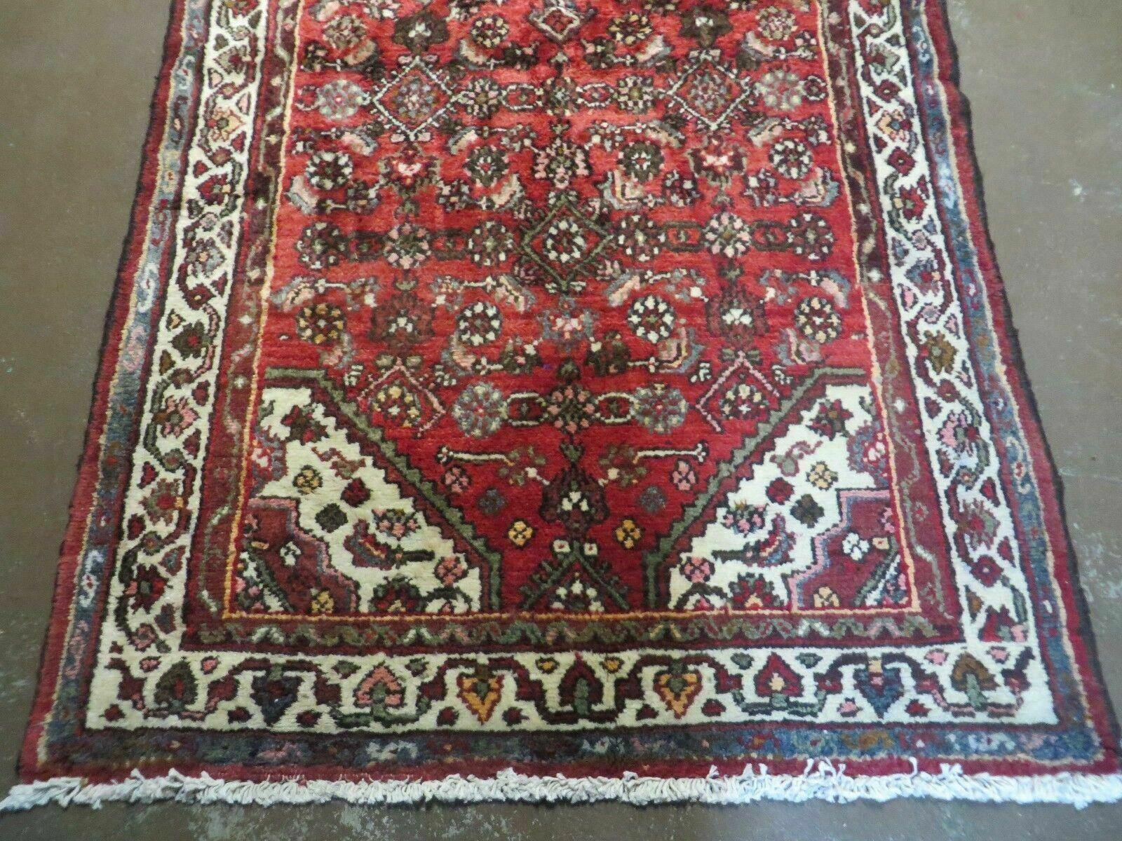 Persian Runner Rug, Antique Hamadan Runner, Wool Tribal Runner, Handmade Oriental Rug, Medallion Allover, Red & Cream, 3.4 x 9.5, 9ft Vintage Runner - Jewel Rugs
