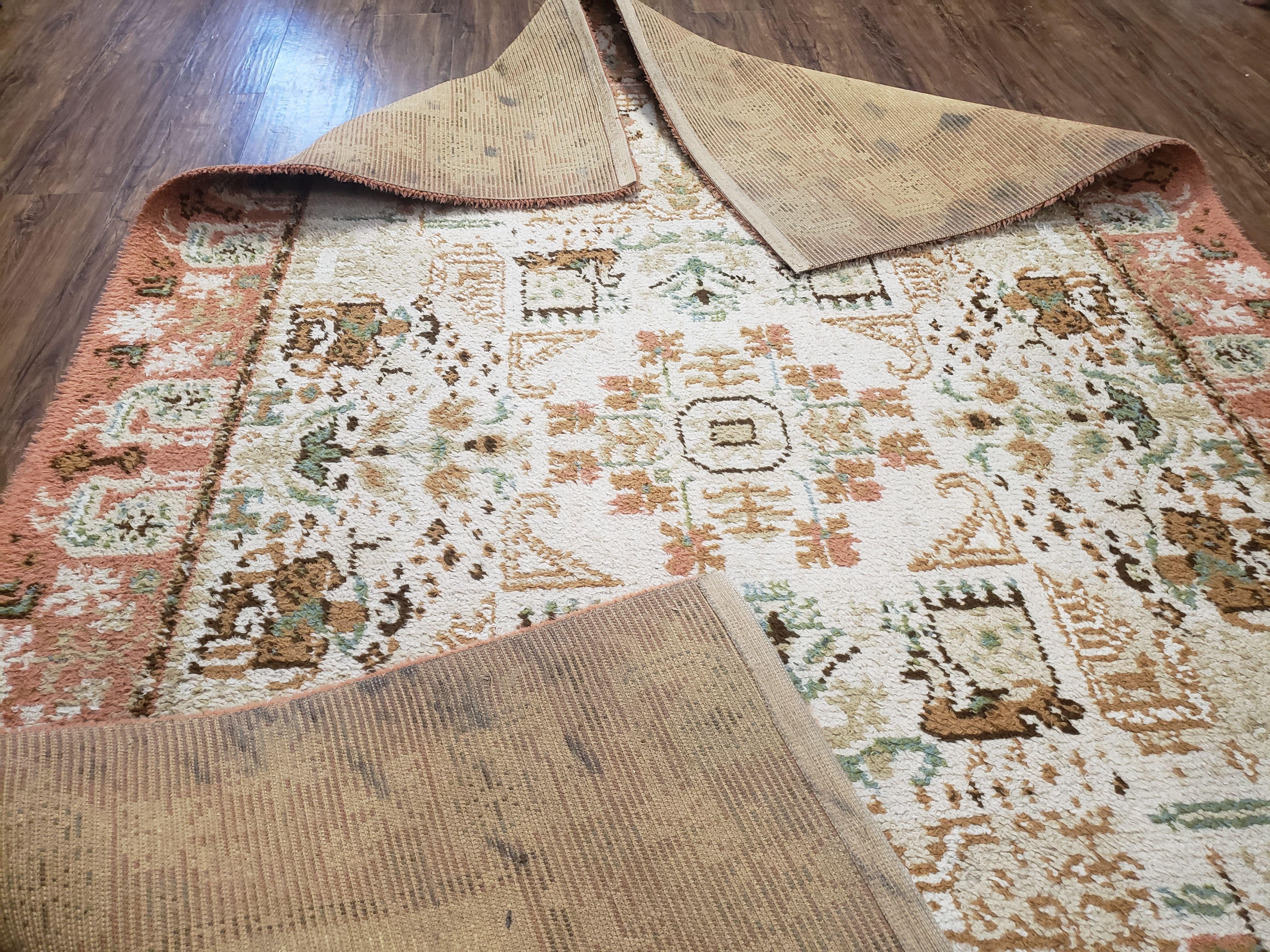 Vintage Scandinavian Area Rug, Rya Shag Rug, Wool, Beige & Carribbean Coral, Scandinavian Folk Art Rug, Human Motifs, Boats, Vikings, 6x9 - Jewel Rugs