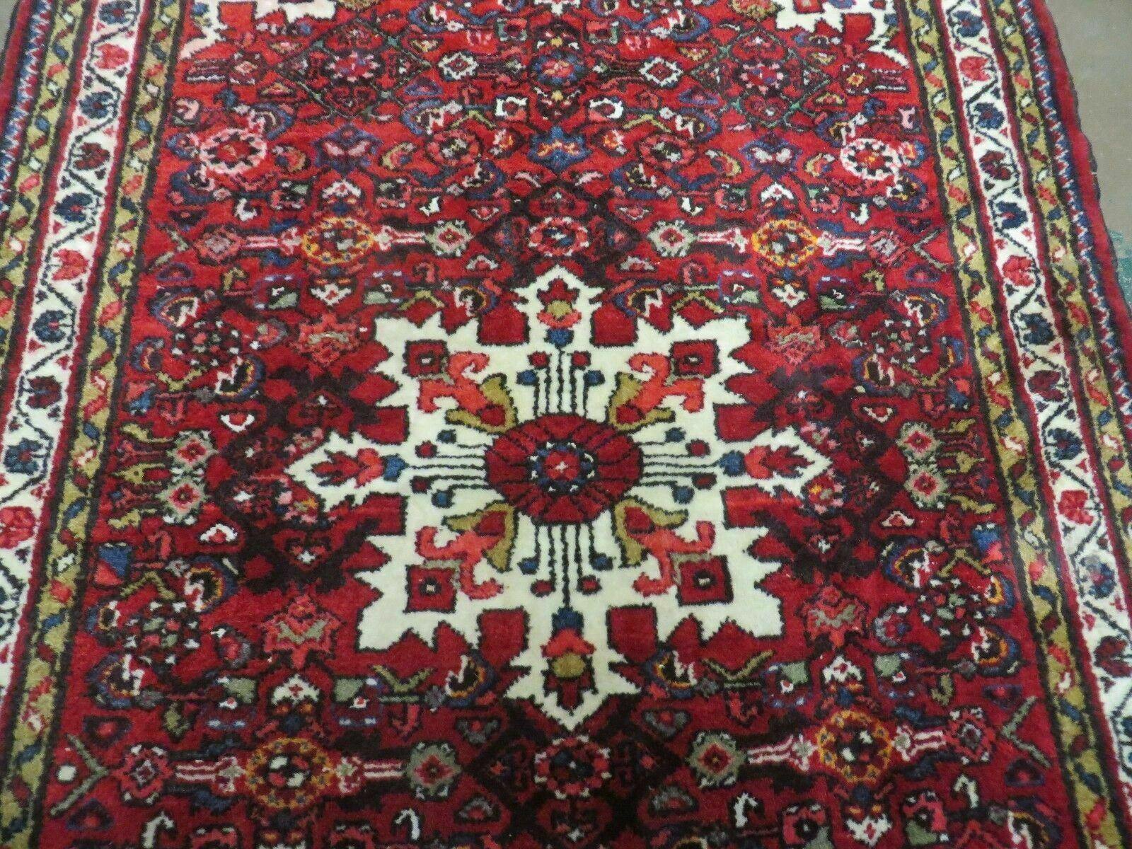 Semi Antique Persian Hamadan Rug 4x6, Vintage Handmade Hand Knotted Wool Oriental Carpet, Tribal Medallion, Vegetable Dyes, Red Ivory - Jewel Rugs
