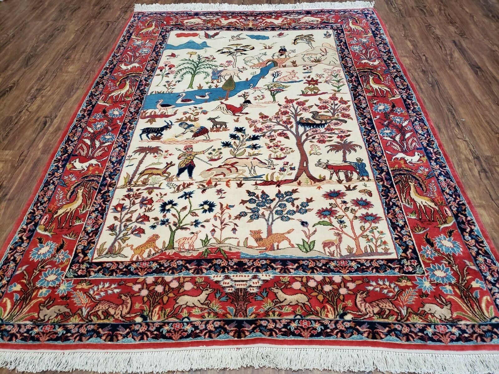 Antique Persian Isfahan Rug 5x7, Animal and Human Pictorials, Hand Knotted Fine Oriental Wool Carpet, Cream and Red, High KPSI, Vintage Rug 5 x 7 ft - Jewel Rugs