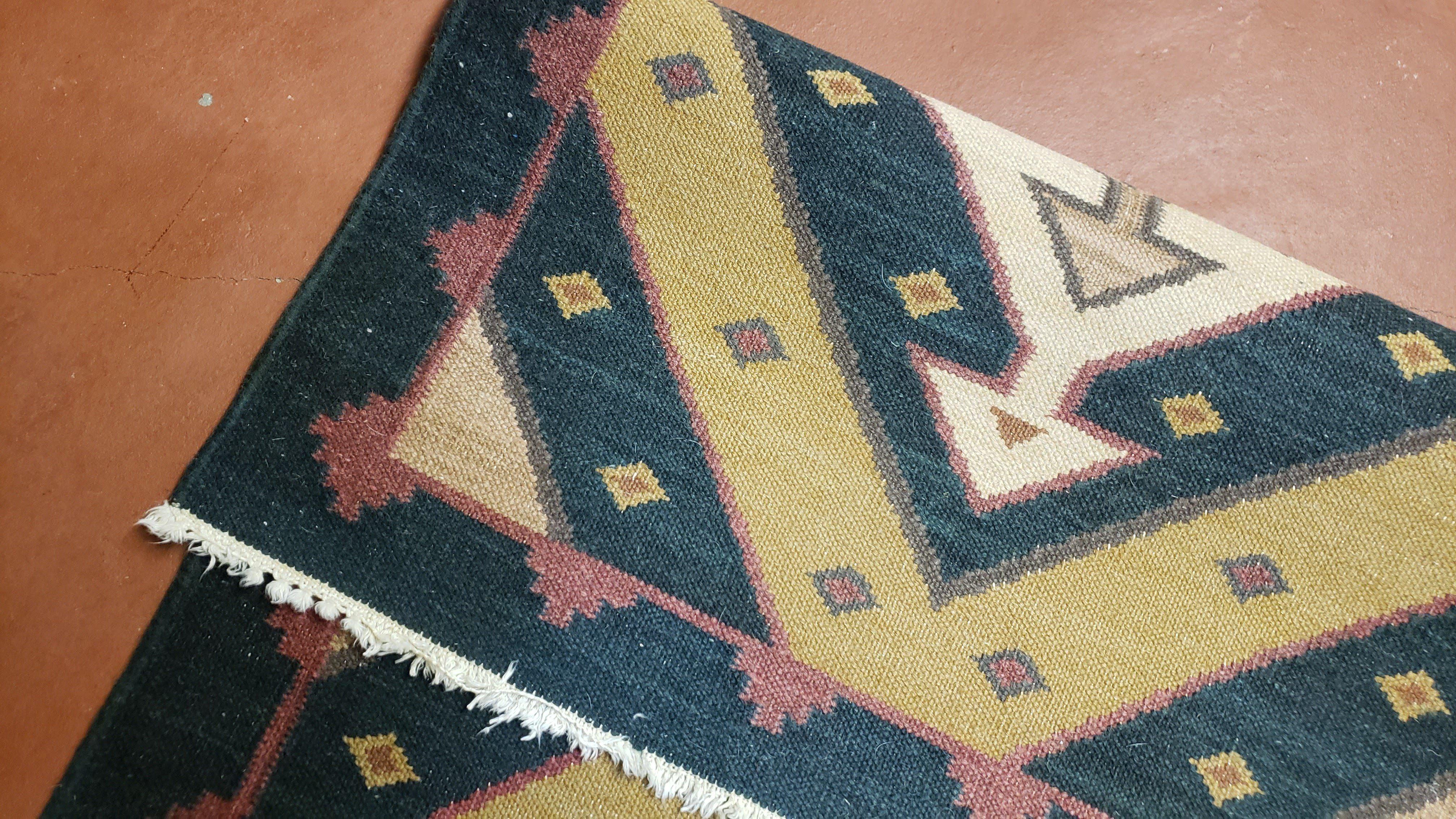 Vintage Indian Kilim Runner Rug, Geometric Flatweave Hand-Knotted Wool Kitchen Hallway Runner, Black Gold & Beige, 2' 8" x 9' 9" - Jewel Rugs