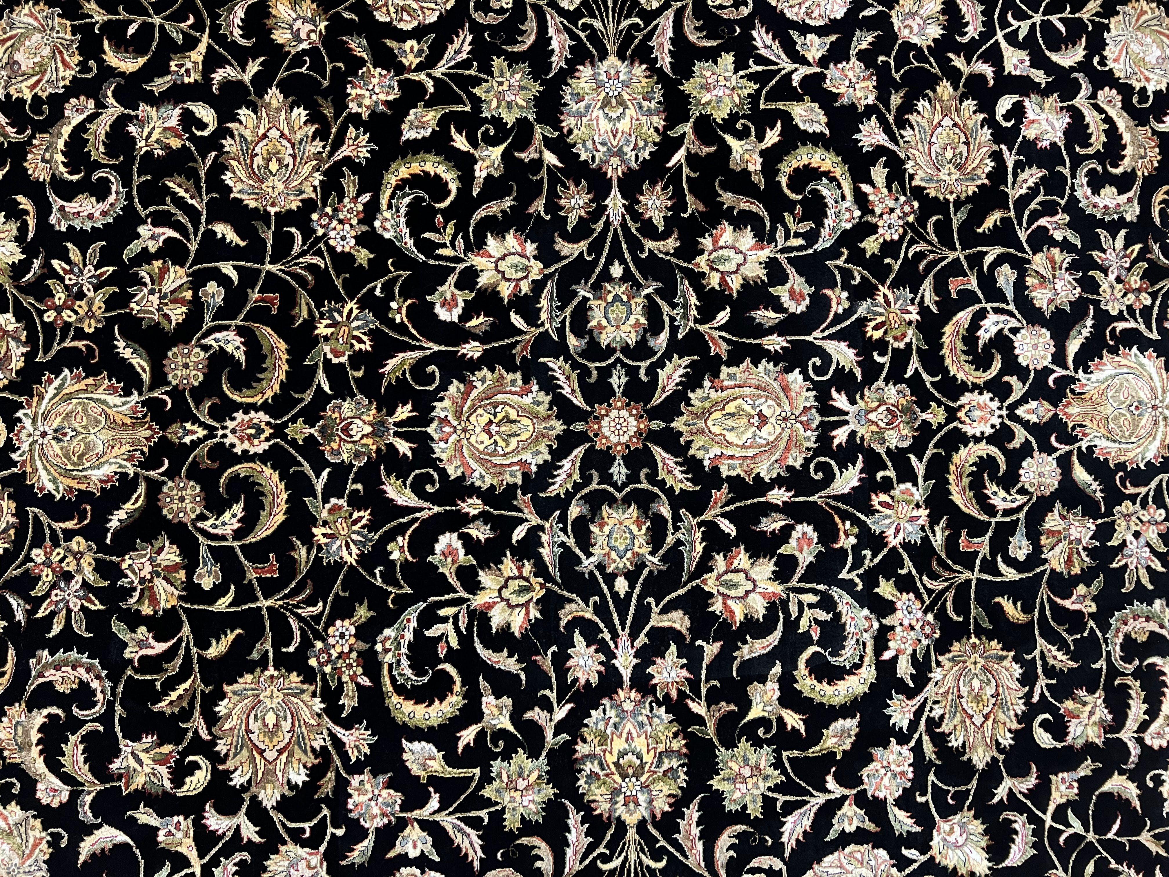 Indo Persian Rug 8x10, Black and Maroon Floral Allover Wool and Silk Oriental Carpet 8 x 10 ft, Hand Knotted Traditional Vintage Room Sized - Jewel Rugs