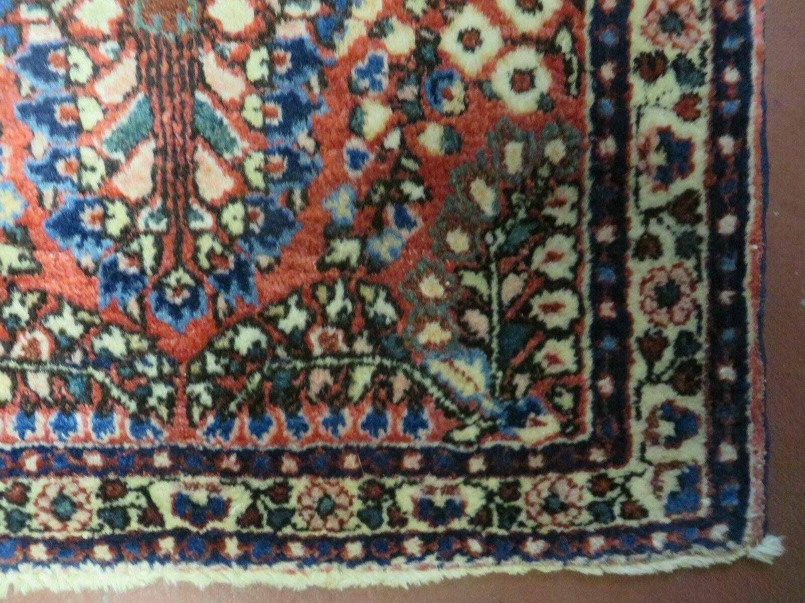 Small Persian Rug 2 x 2.6 Tiny Persian Sarouk Carpet, Red Blue Cream, Floral Design, Antique Wool Rug, Handmade Hand-Knotted, Oriental Rug Mat 2x3 - Jewel Rugs