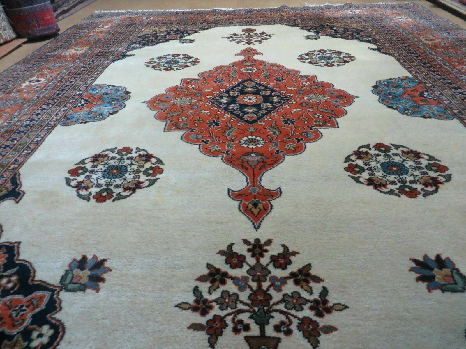 Indo Persian Rug 9x12, Semi Open Field Medallion, Ivory Tomato Red Navy Blue, Hand Knotted Indian Oriental Wool Carpet 9 x 12 ft, Room Sized - Jewel Rugs