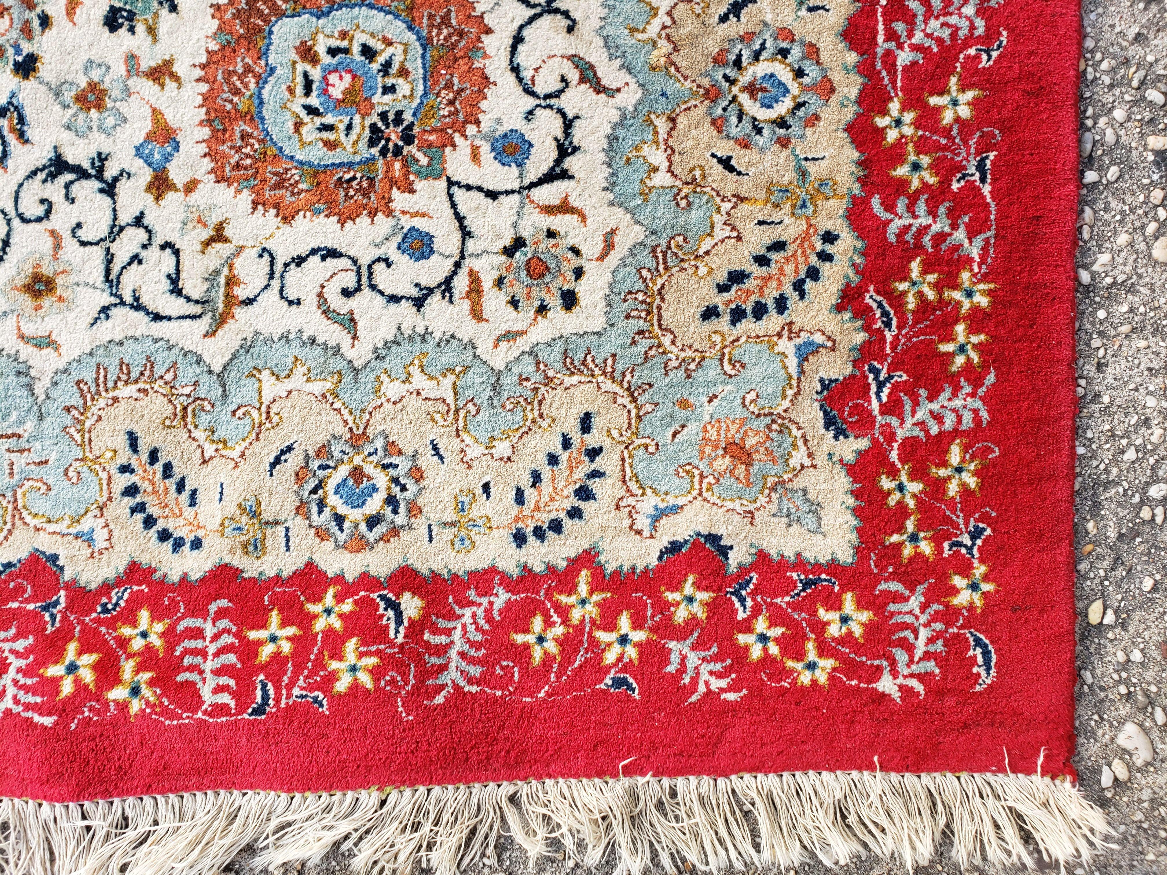 Signed Persian Kashan Rug 10x13 Oriental Carpet 10 x 13 Wool Rug, Allover Floral Medallion, Red Ivory Light Blue, Hand Knotted, Large Persian Rug - Jewel Rugs
