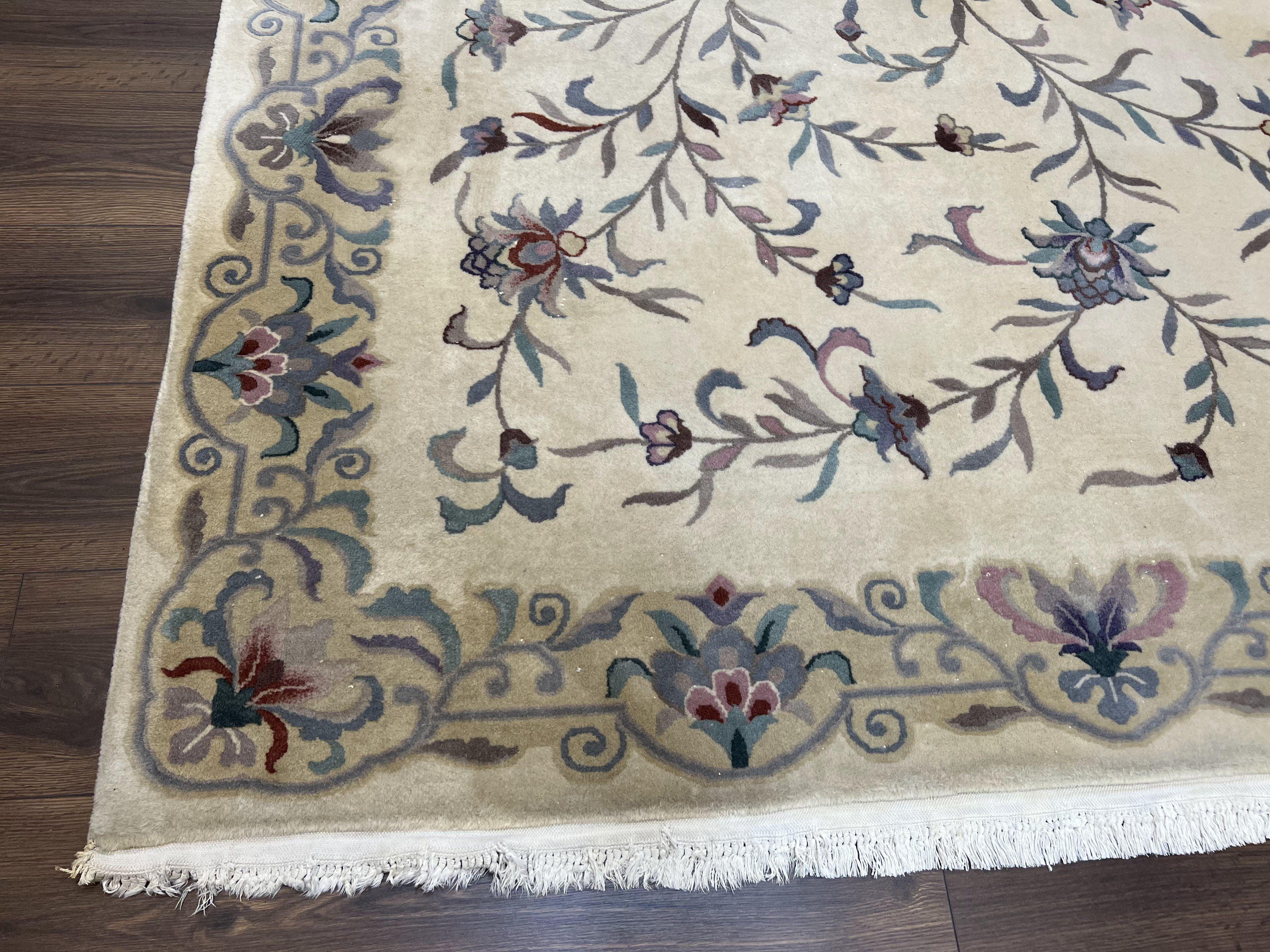 Vintage Chinese Rug 6x9, Chinese 120 Line Rug, Asian Oriental Carpet, Ivory/Beige and Teal, Floral Design, Soft Plush Wool Rug Handmade - Jewel Rugs