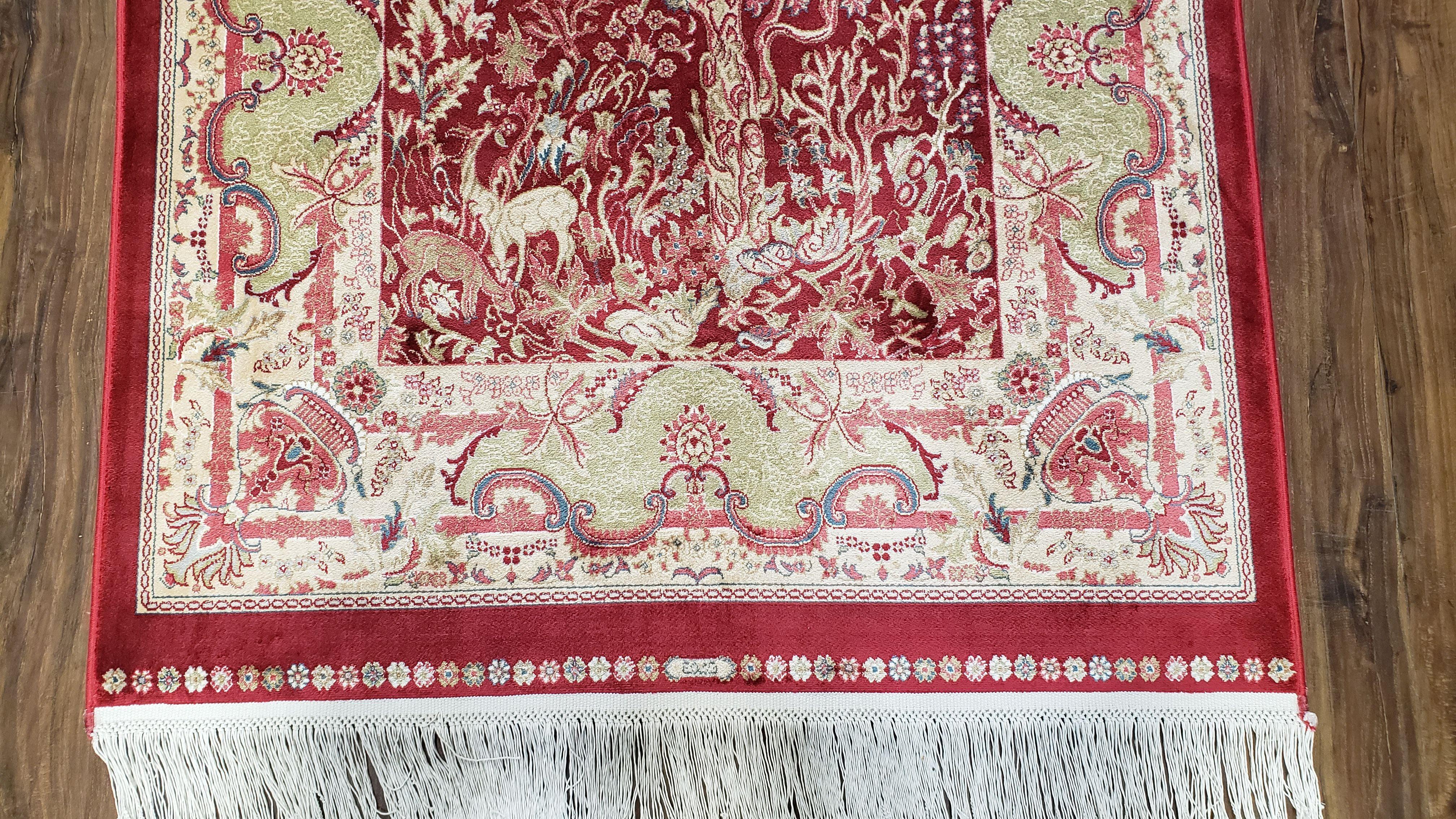 Tree of Life Silk Rug, Red, Beige, Deer, All Silk Oriental Carpet, Small Accent Rug, Very Detailed, Bamboo Silk, 2.5 x 4 ft, 2' 8" x 4' 1" - Jewel Rugs
