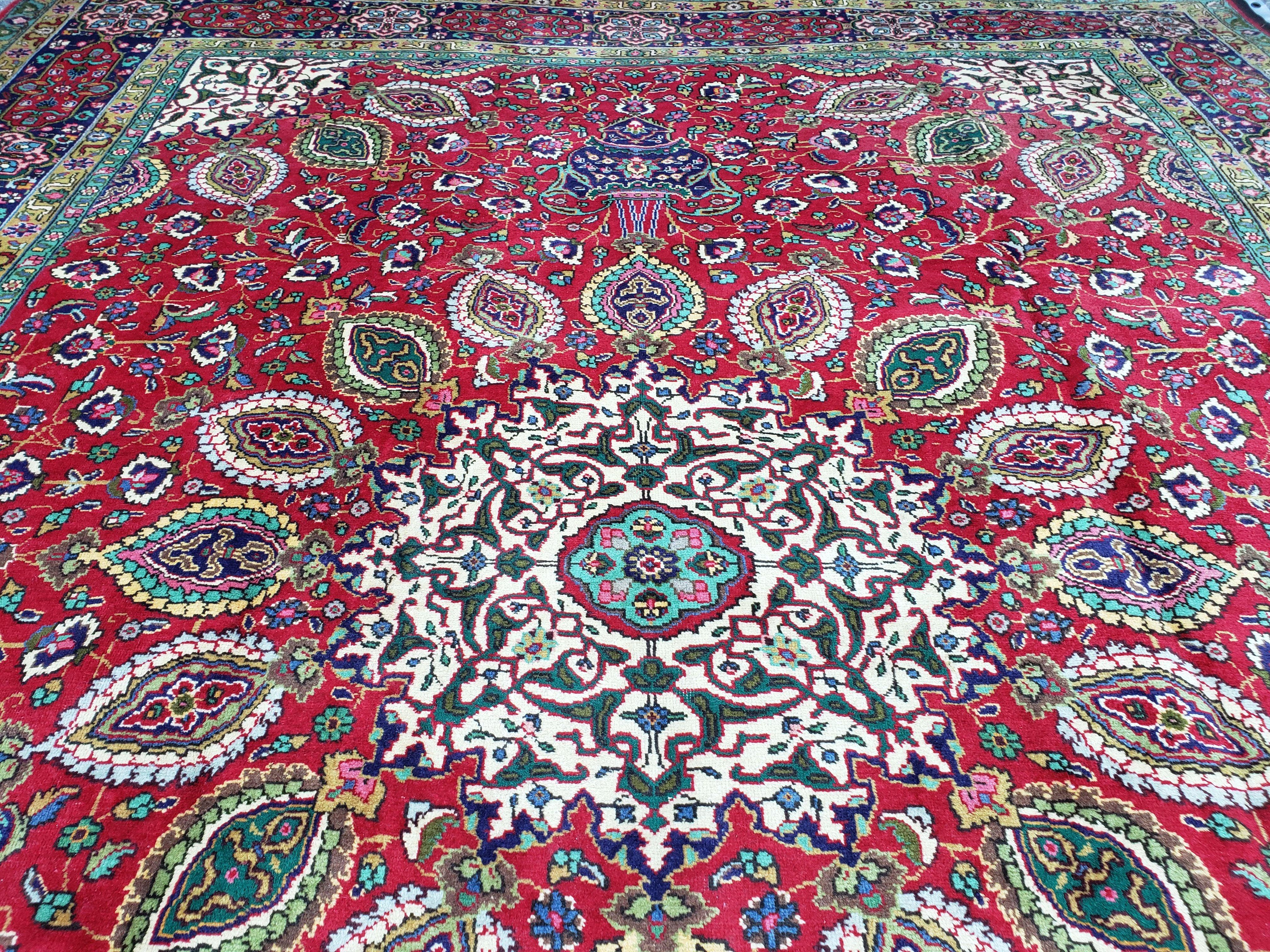 Antique Persian Tabriz Rug 9' 7" x 12' 9", Central Medallion, Persian Vases, Flowers, Curvilinear Vines, Red Blue Ivory, 10x13, Hand-Knotted, Wool, Mustafi Design - Jewel Rugs