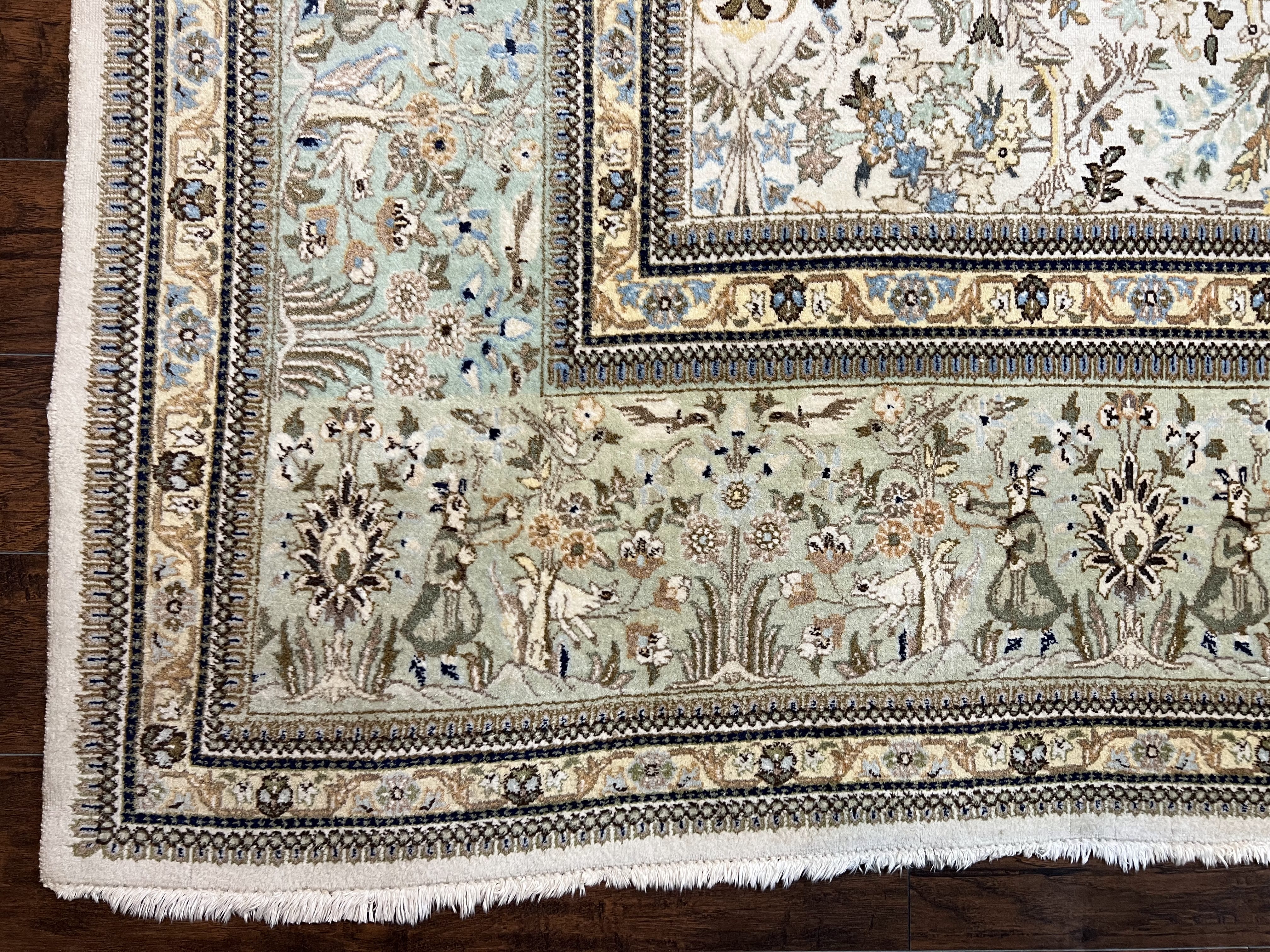 Wonderful Persian Tabriz Rug 10x16, Ivory and Light Green Oriental Carpet, Large Wool Handmade Rug 10 x 16, Floral, Hunting Scene Horsemen Animals - Jewel Rugs