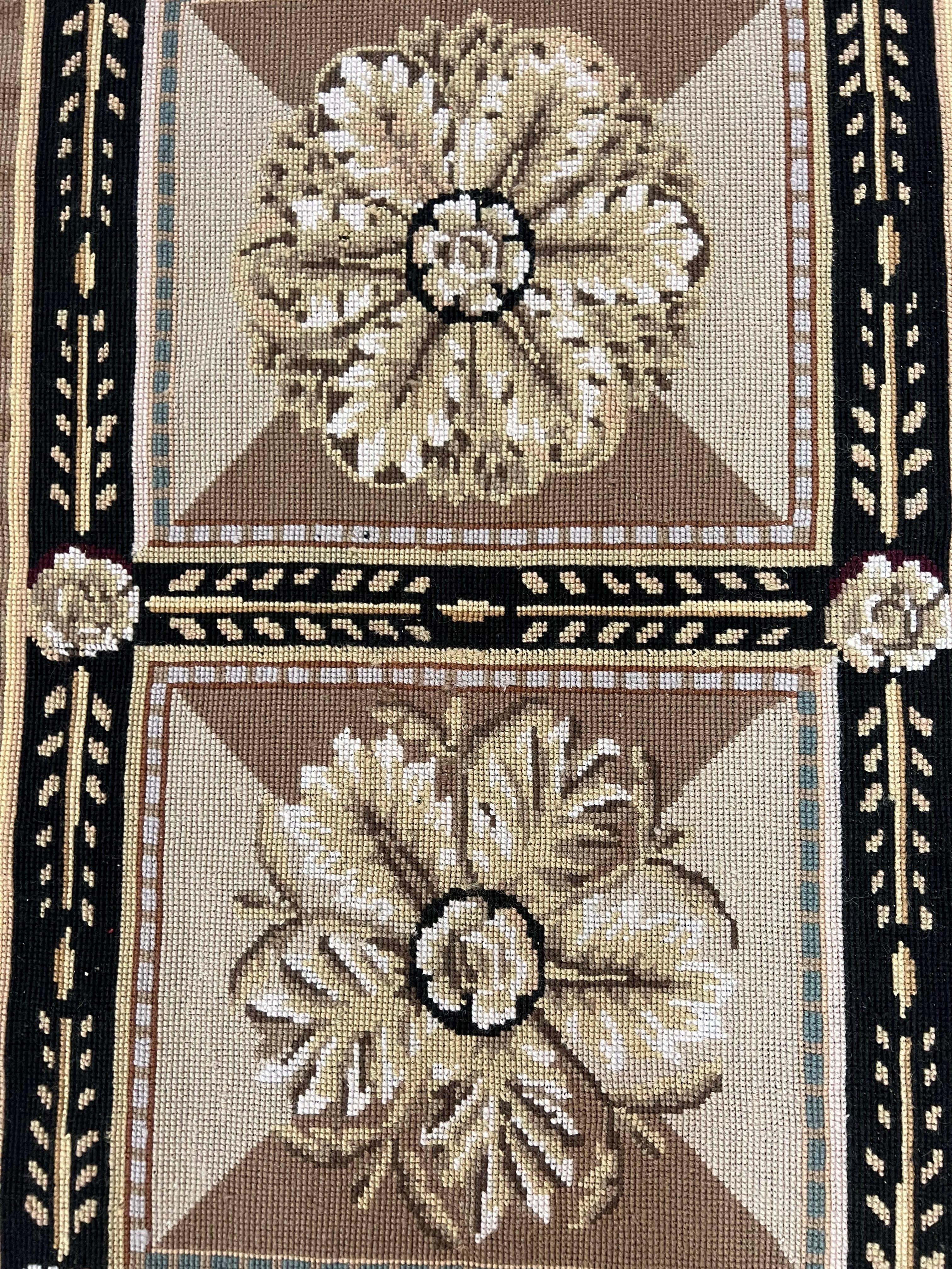 Small Needlepoint Rug 2x3 ft, Flatweave Vintage Handmade Hand-woven Needlepoint Carpet 2 x 3, Wool, Fine, Floral Panel, Beige Tan Black - Jewel Rugs