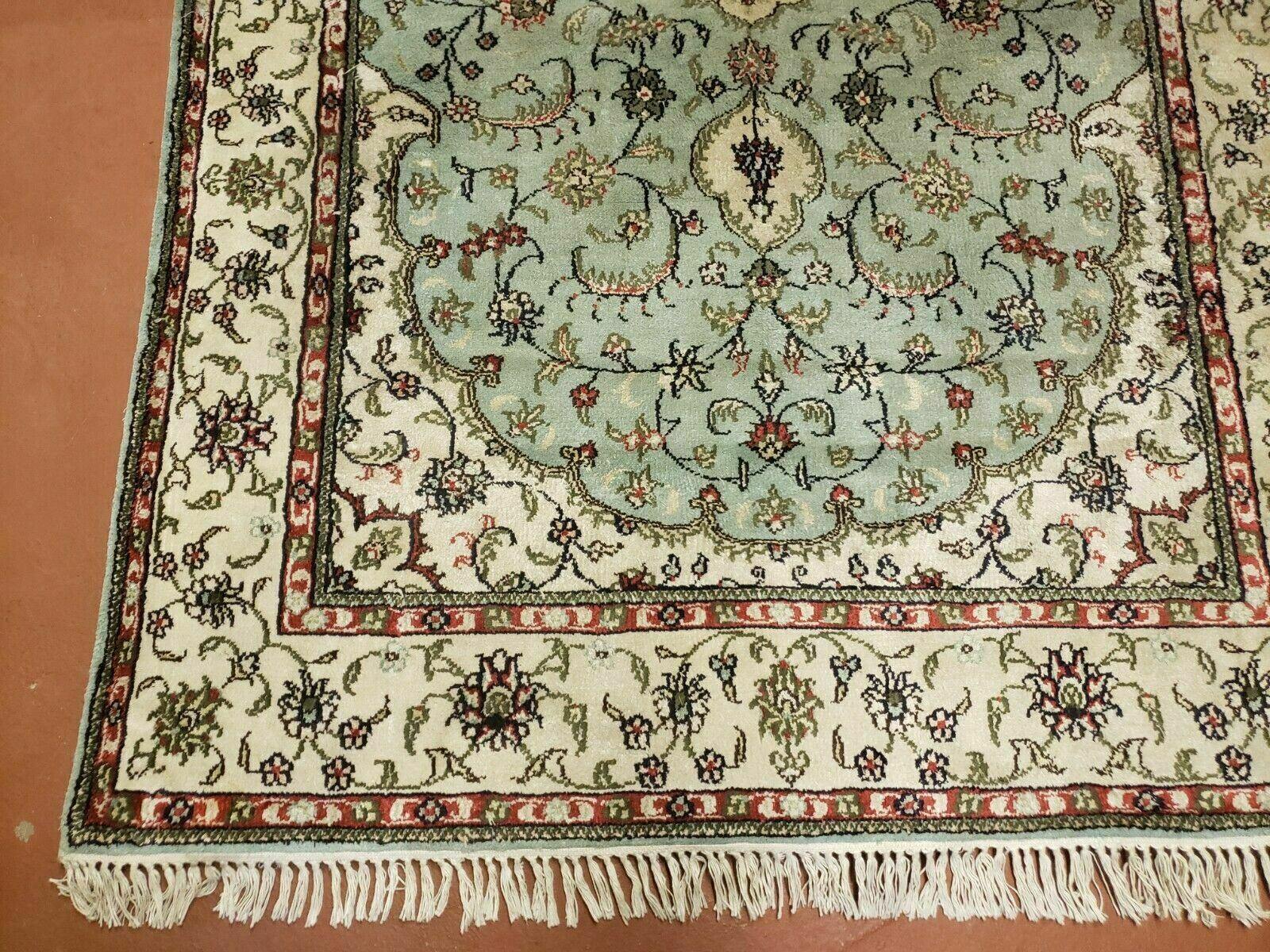 Silk Turkish Kayseri Rug 3x5, Light Mint Green and Ivory, Vintage Fine Silk Hand Knotted Oriental Carpet 3 x 5 ft, Floral Medallion, Nice - Jewel Rugs