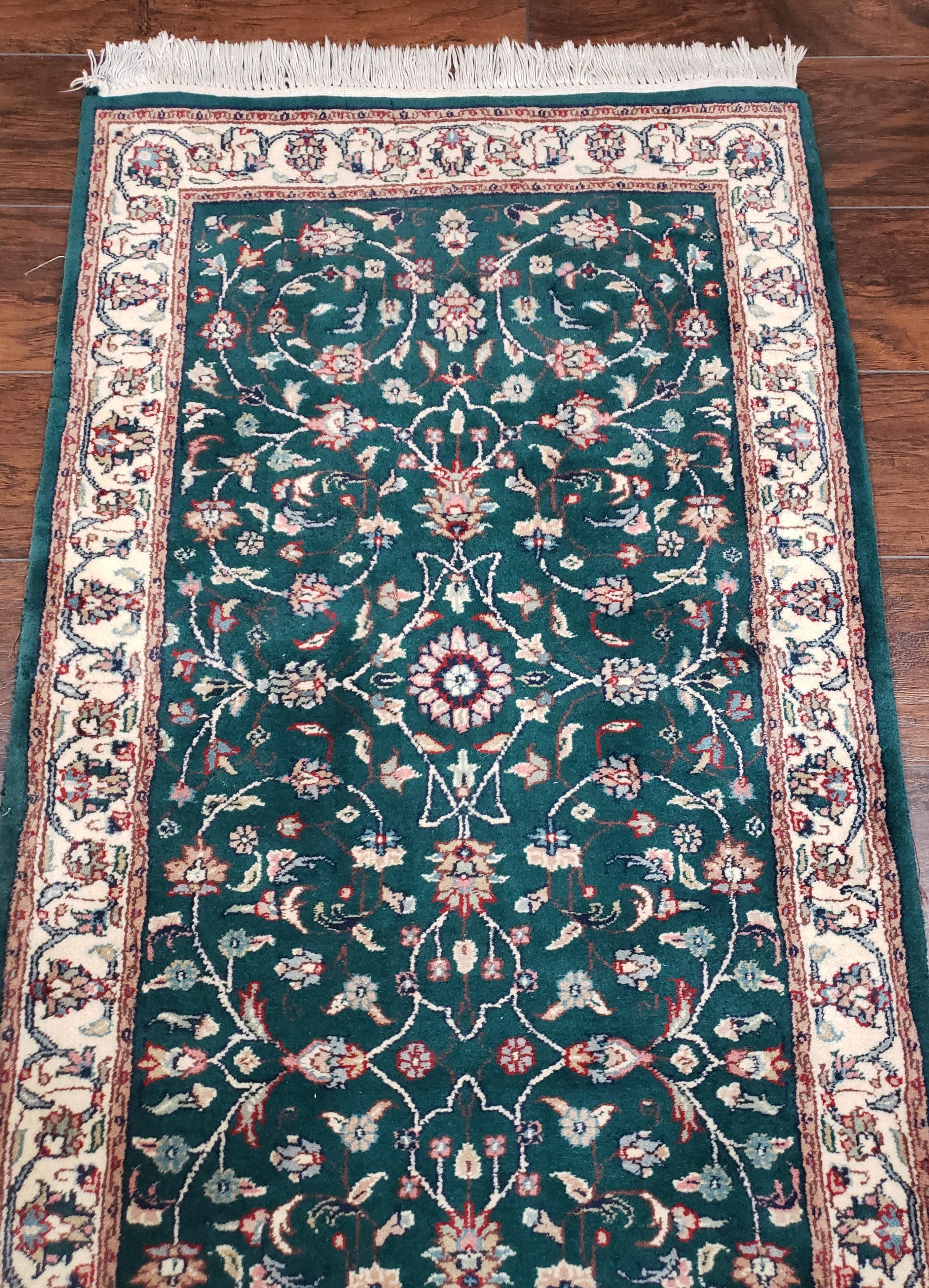 Extra Long Runner Rug 24 ft, Skinny & Long Rug for Hallway Corridor 2.6 x 24 Indo Persian Vintage Wool Rug Green and Cream Handmade Oriental - Jewel Rugs