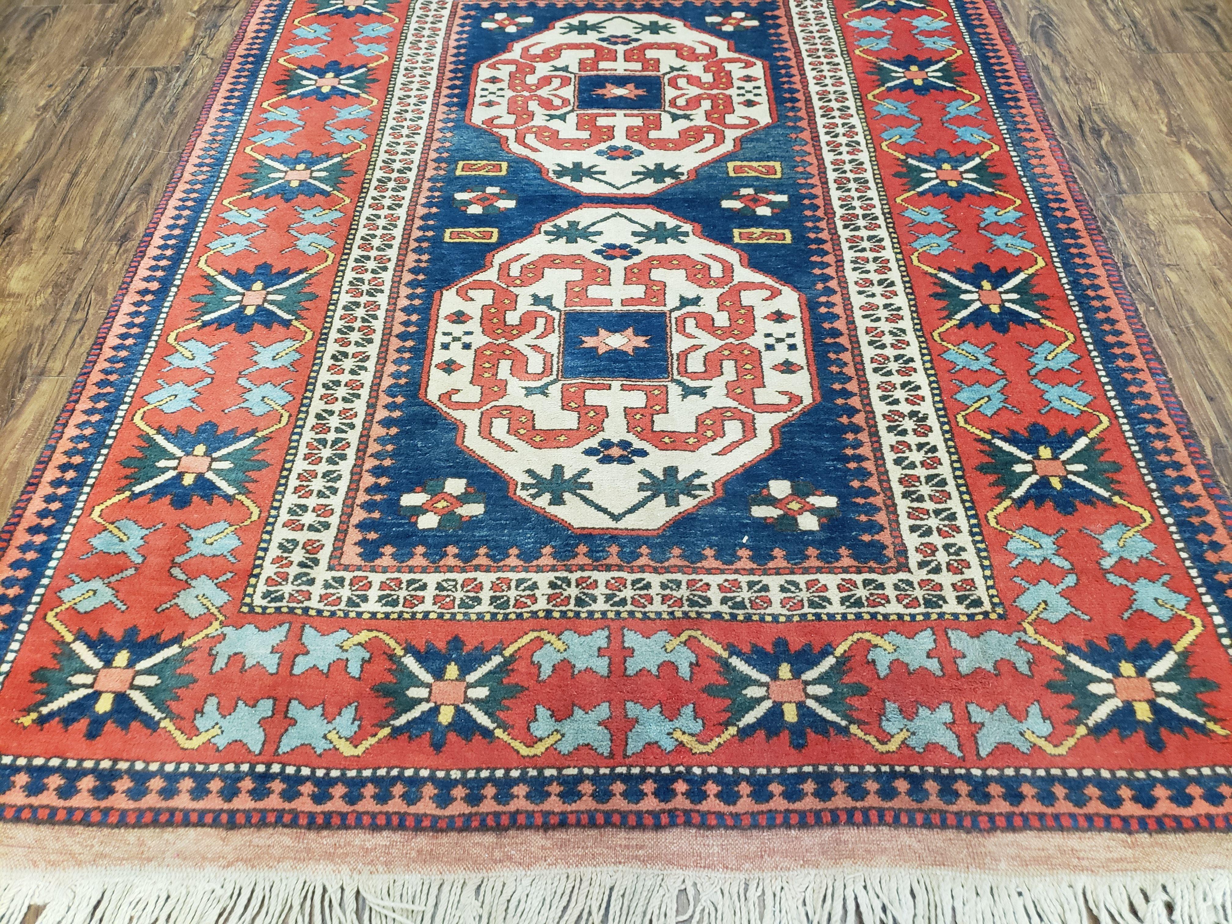 Turkish Kazak Rug 5x6 Vintage Handmade Wool Carpet Geometric Blue Red - Jewel Rugs