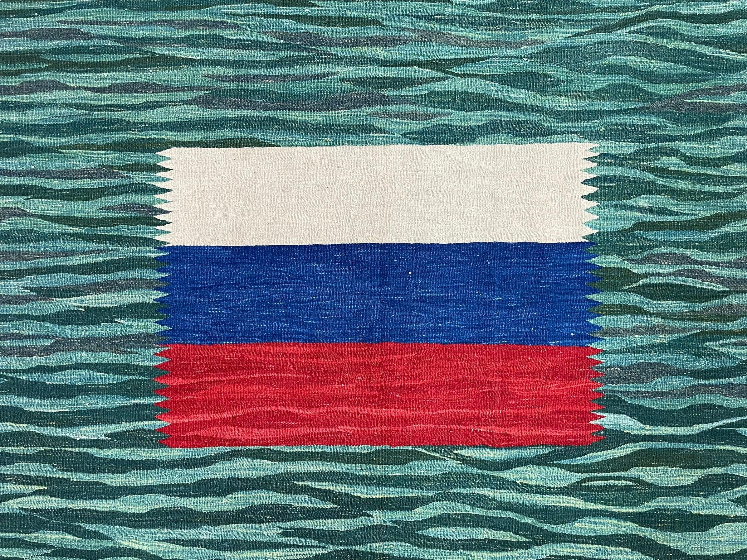 Sea Green Kilim Area Rug, White Blue Red Stripes, Russian Flag Rug, Flatweave Hand Knotted Carpet, Turkish Carpet, Wool, New, 5' 6" x 7' 10" - Jewel Rugs