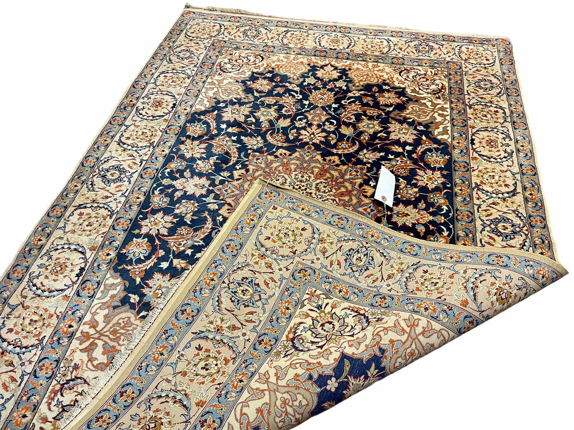 Persian Isfahan Rug 4x5, Navy Blue & Ivory, Wool and Silk Highlights - Jewel Rugs