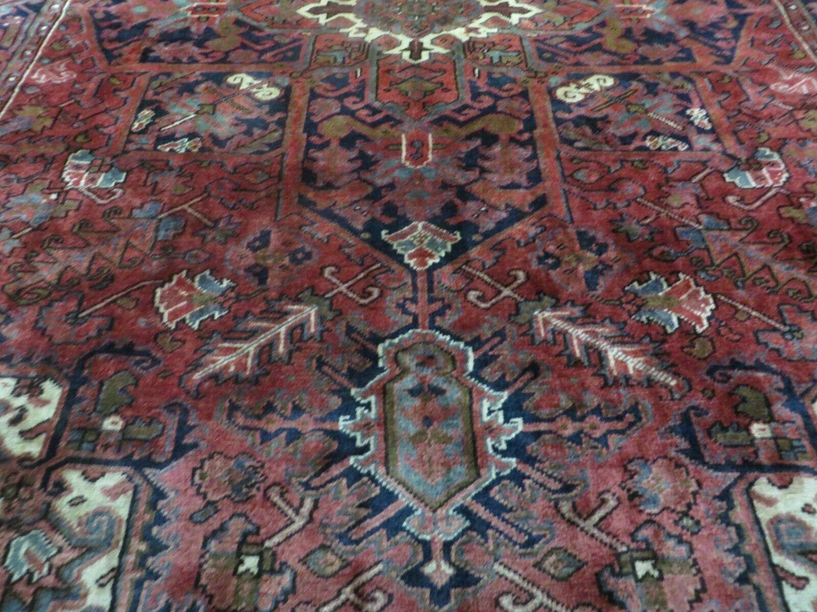 Persian Rug 8x11 Room Sized Heriz Carpet, Hand Knotted Wool Rug, Vintage Semi Antique, Geometric Medallion, Wine Red Cream Dark Blue, Wow - Jewel Rugs