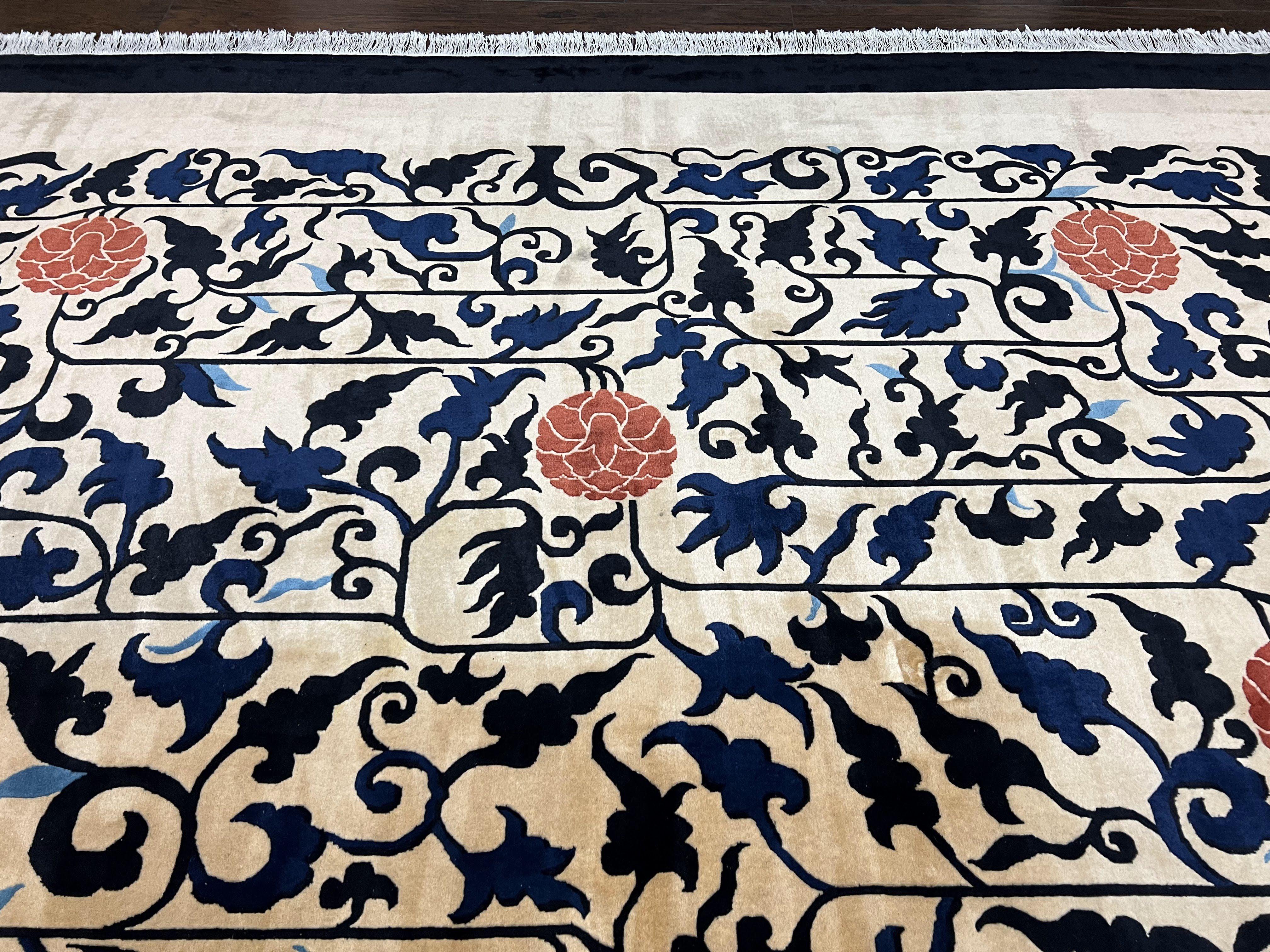 Antique Chinese Peking Rug 10x14, Beige Black, Handmade Wool Art Deco Carpet - Jewel Rugs