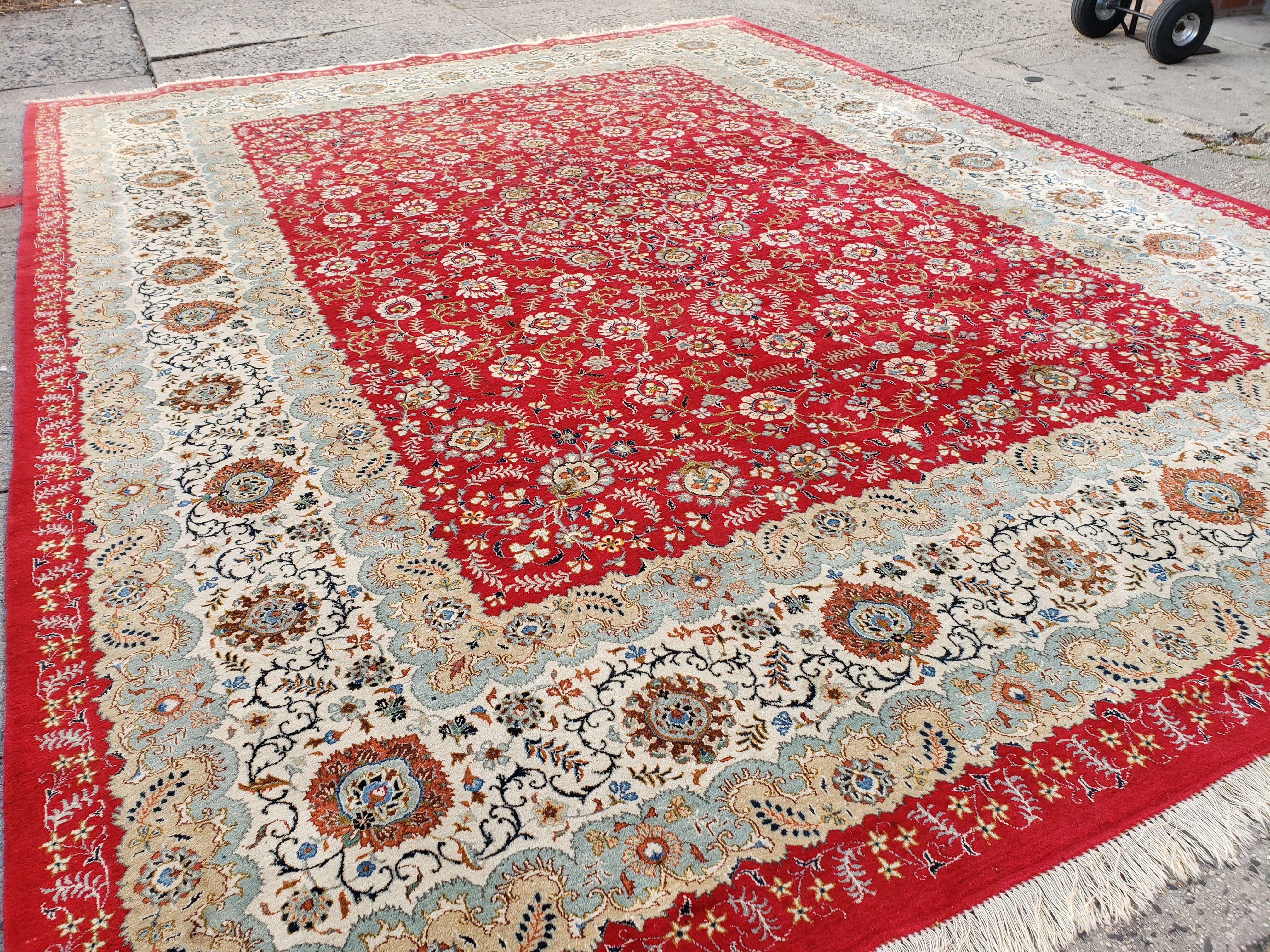 Signed Persian Kashan Rug 10x13 Oriental Carpet 10 x 13 Wool Rug, Allover Floral Medallion, Red Ivory Light Blue, Hand Knotted, Large Persian Rug - Jewel Rugs