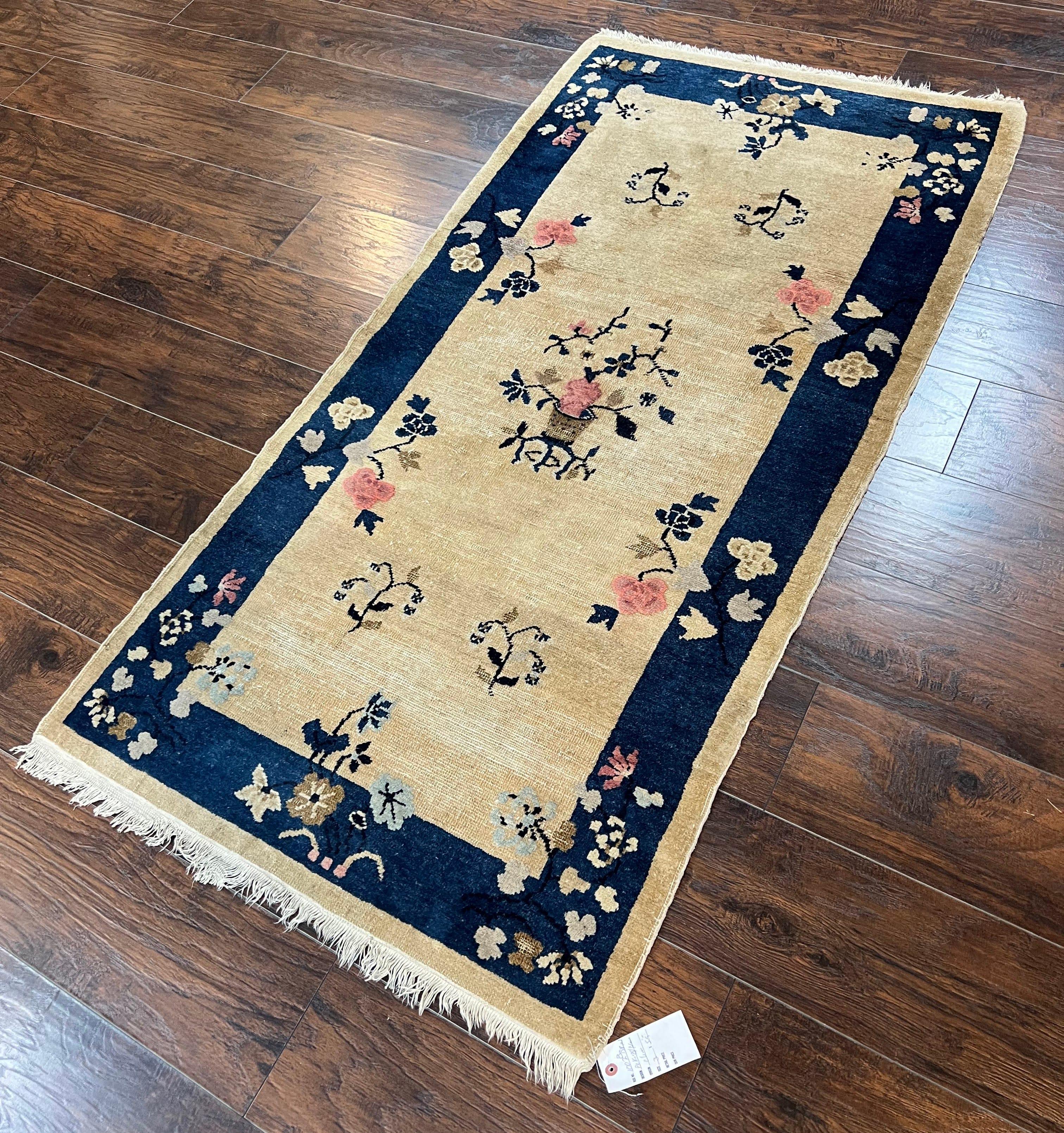 Antique Chinese Peking Rug 3x6, Beige and Dark Blue Hand Knotted Handmade Asian Oriental Carpet, Floral Vases, Vintage Wool Art Deco Rug - Jewel Rugs