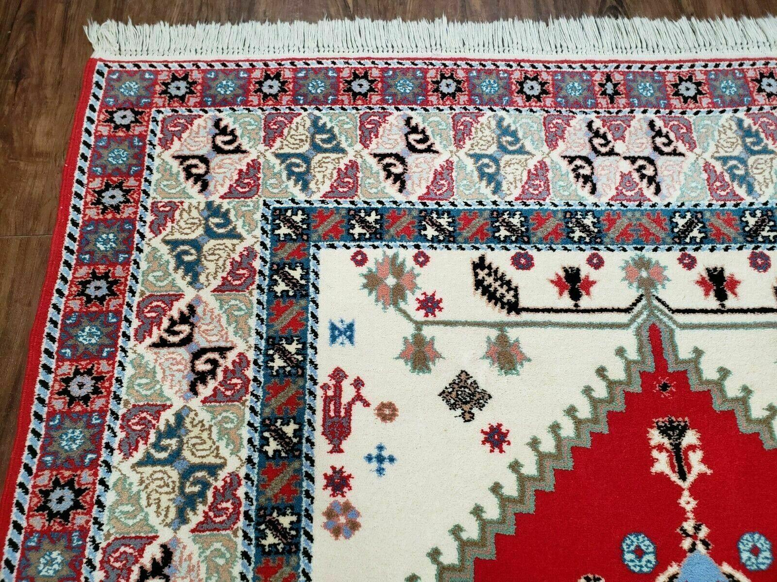 Vintage Moroccan Carpet 5x7 Area Rug, Berber Rug, Handmade Soft Wool Rug, Red Ivory and Blue, Geometric Medallion Rug, Bohemian Rug, Nice - Jewel Rugs
