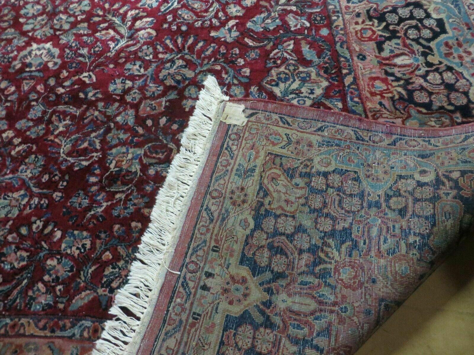Antique Persian Sarouk Rug 9x11 Red Navy Blue Oriental Carpet, Allover Floral Pattern, Hand Knotted, Wool, Room Sized 9 x 11 ft - Jewel Rugs