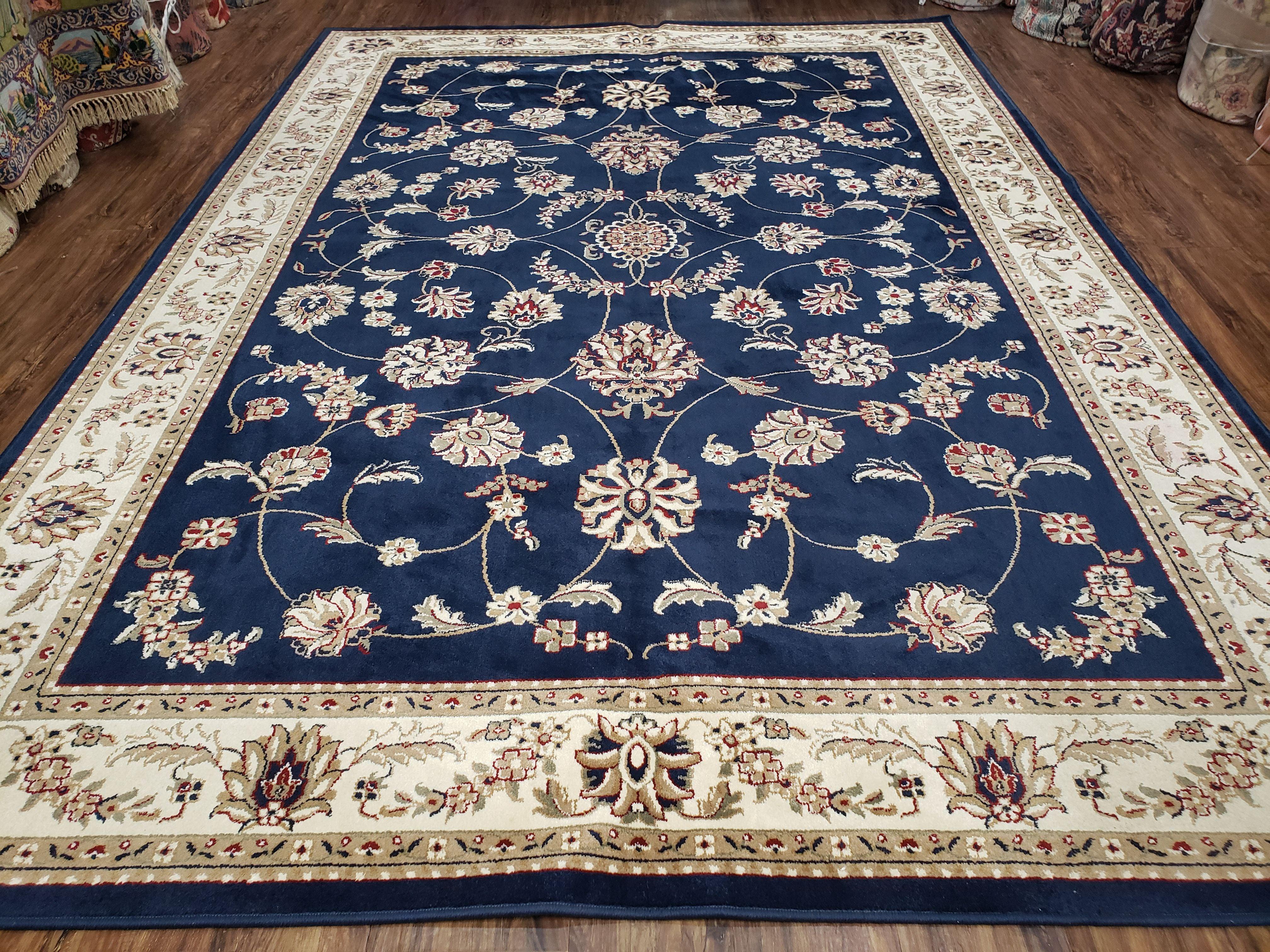 Vintage Oriental Area Rug, Wool & Silk Feel, Italian Rug, Persian Design, Dense Soft Pile, Dark Blue Beige/Cream, 7'9" x 10'10", Part of Set - Jewel Rugs