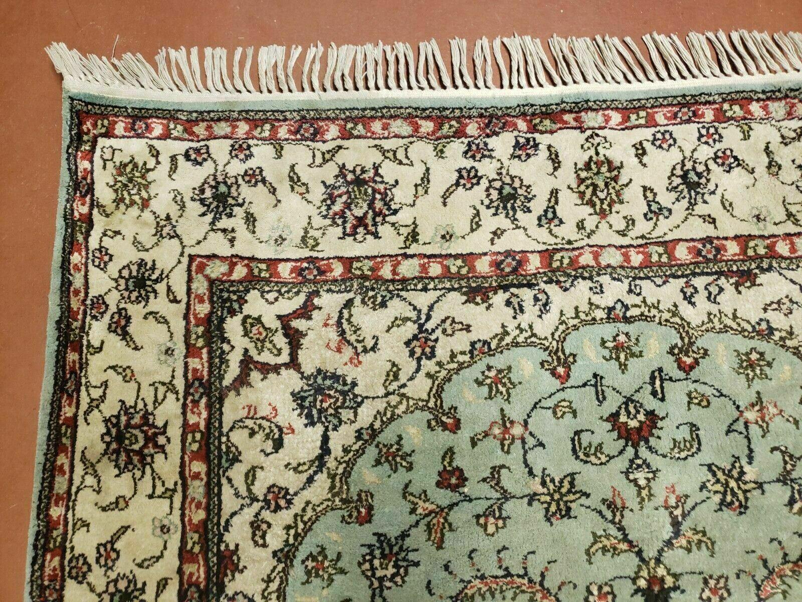 Silk Turkish Kayseri Rug 3x5, Light Mint Green and Ivory, Vintage Fine Silk Hand Knotted Oriental Carpet 3 x 5 ft, Floral Medallion, Nice - Jewel Rugs