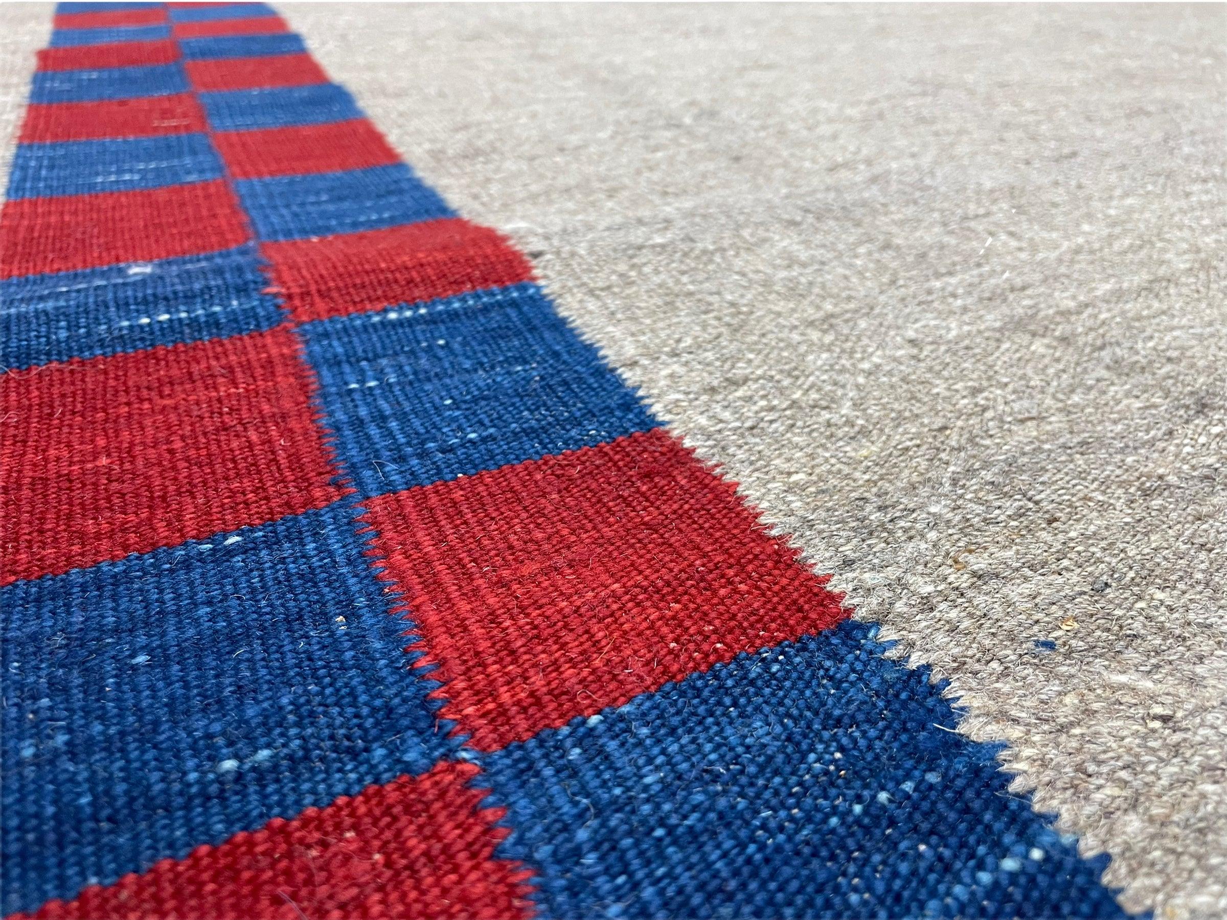 5' 7" x 7' 9" Geometric Kilim Carpet, Gray, Handmade, Hand-Knotted Area Rug, Blue & Red, Flatweave, Wool, New, Checkerboard Pattern - Jewel Rugs