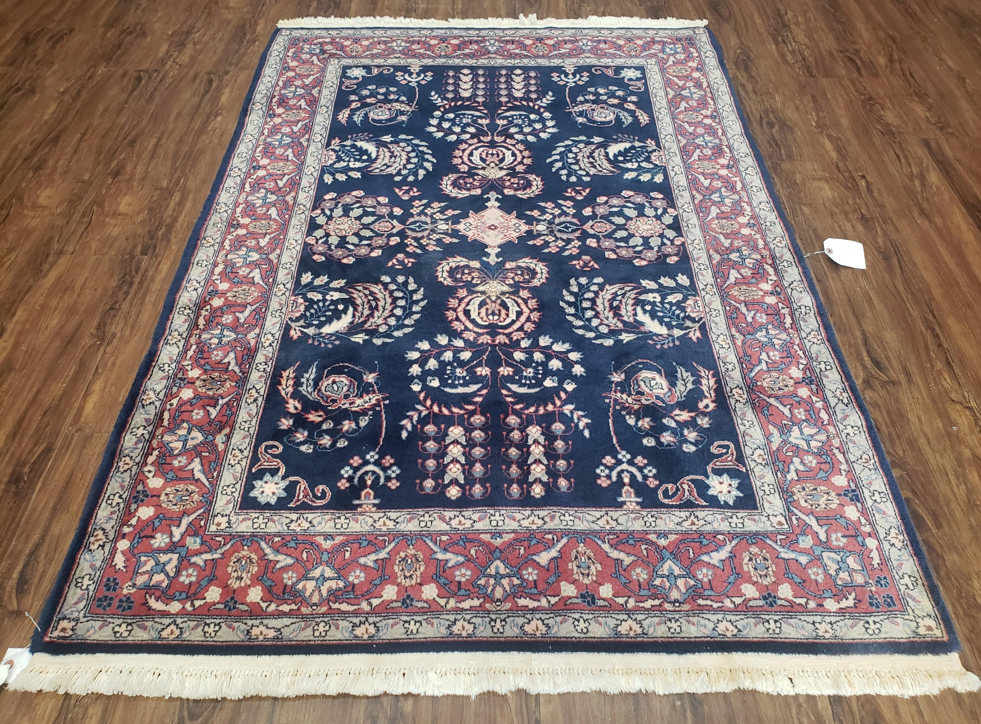 Dark Blue Indo Persian Rug 4x6, Medium Size Hand Knotted Oriental Carpet, Traditional Floral Indian Rug, Blue and Red Entryway Rug, Wool Rug - Jewel Rugs