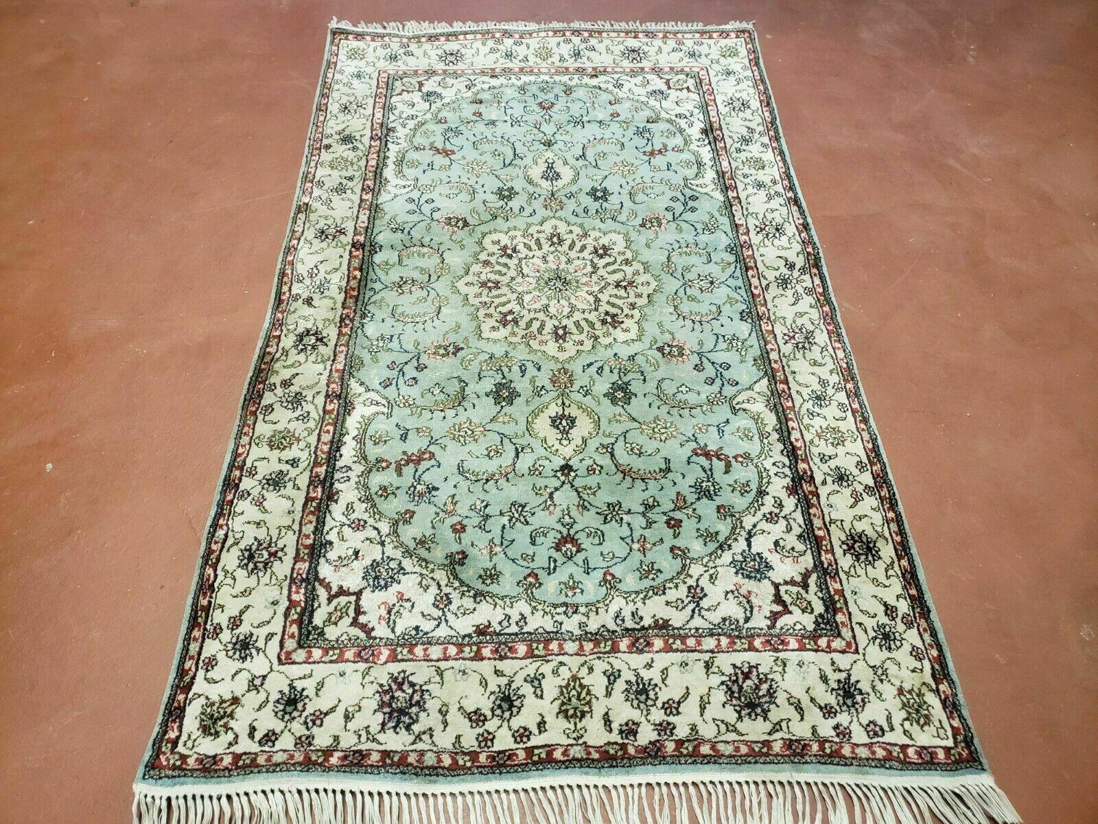 Silk Turkish Kayseri Rug 3x5, Light Mint Green and Ivory, Vintage Fine Silk Hand Knotted Oriental Carpet 3 x 5 ft, Floral Medallion, Nice - Jewel Rugs