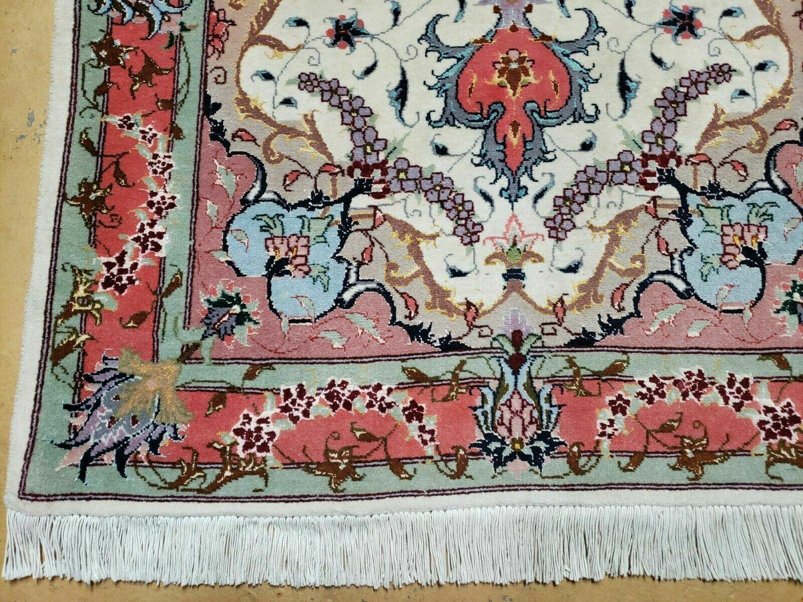 Small Vintage Persian Tabriz Wool and Silk Rug 2.5 x 4 ft, Very Finely Hand Knotted, Medallion, Ivory Salmon Light Blue, Top Quality, Pair B - Jewel Rugs