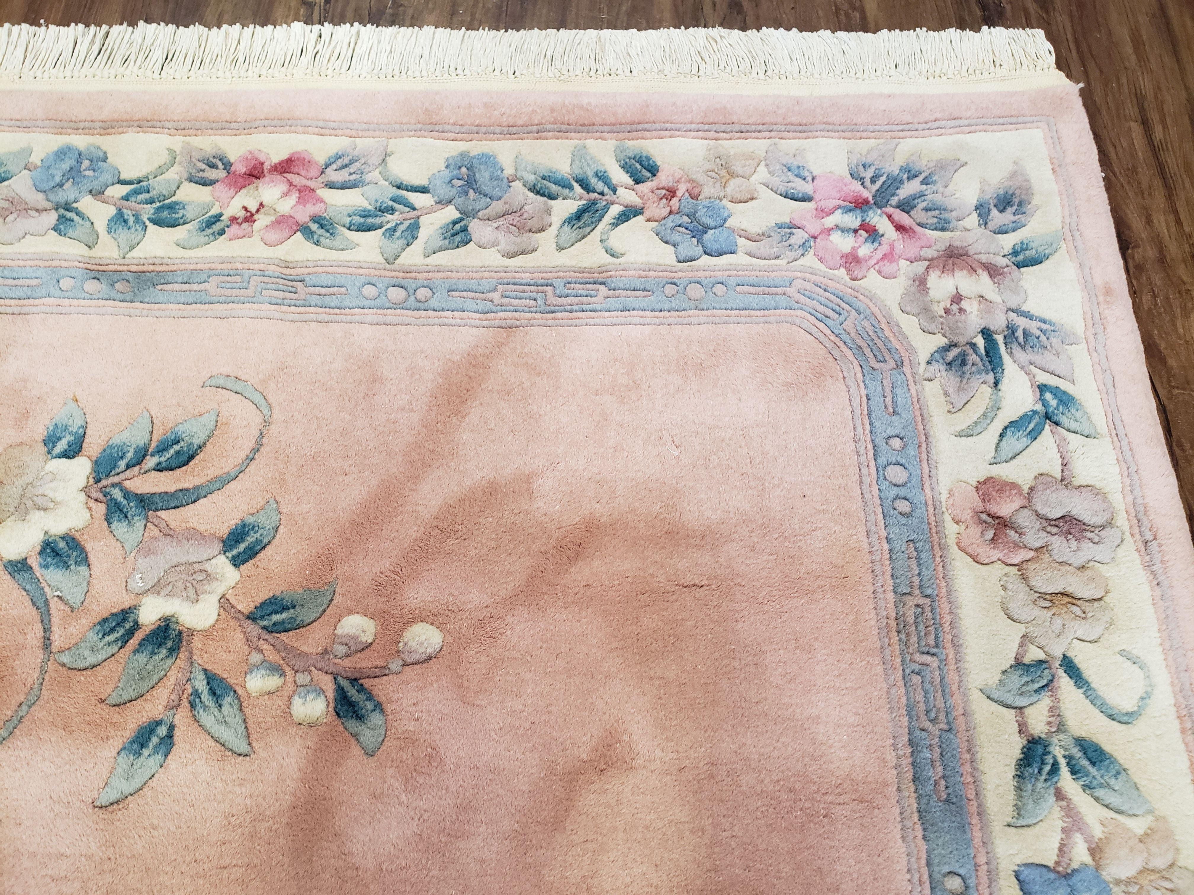 Vintage Light Pink Chinese Carving Area Rug, Floral Plush Carpet, Soft Pile, Hand-Knotted, Pink & Teal, Pastel Colors Home Decor, 5.4 x 8.2 - Jewel Rugs