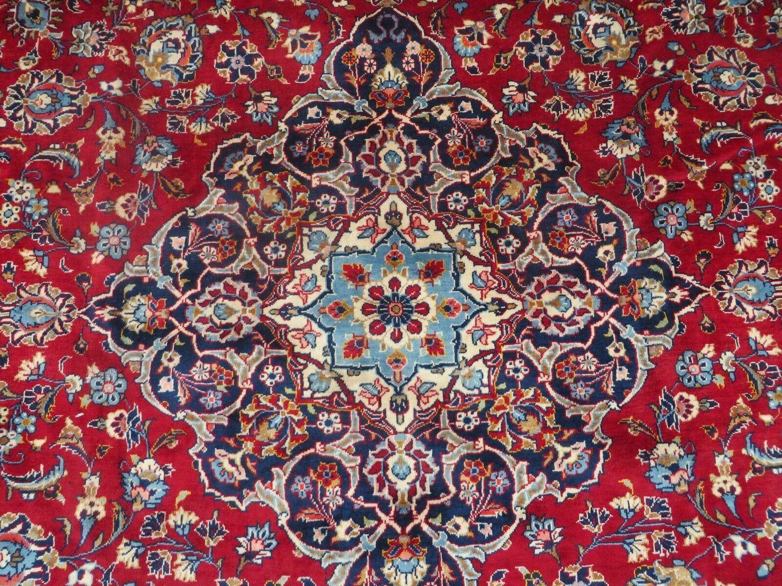 Vintage Persian Kashan Rug 10x13, Hand Knotted Room Sized Carpet, Red Light Blue Dark Blue, Wool, Traditional, Medallion and Corner Design - Jewel Rugs