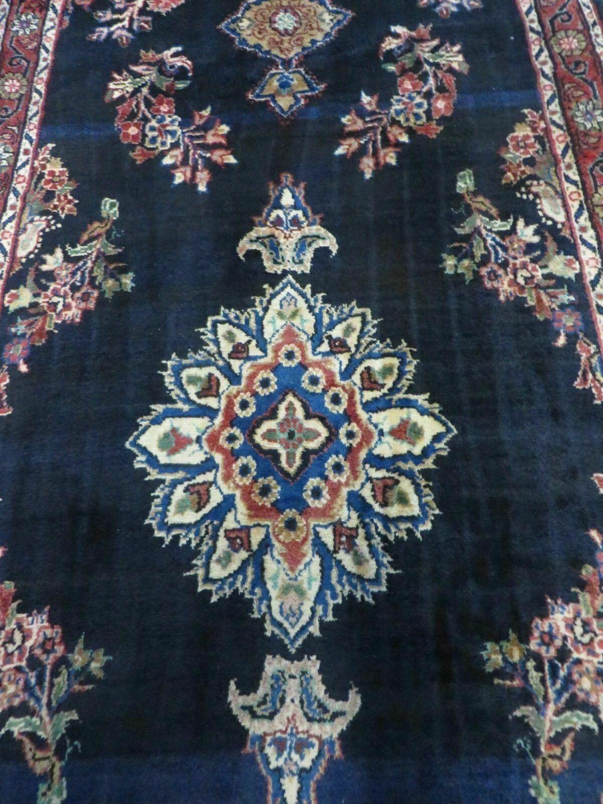 Persian Runner Rug 3.7 x 10.9, Antique Persian Lilihan Lilian Sarouk Wool Handmade Oriental Tribal Hallway Runner, Navy Blue Red Cream, Floral Semi Open Field Medallion - Jewel Rugs