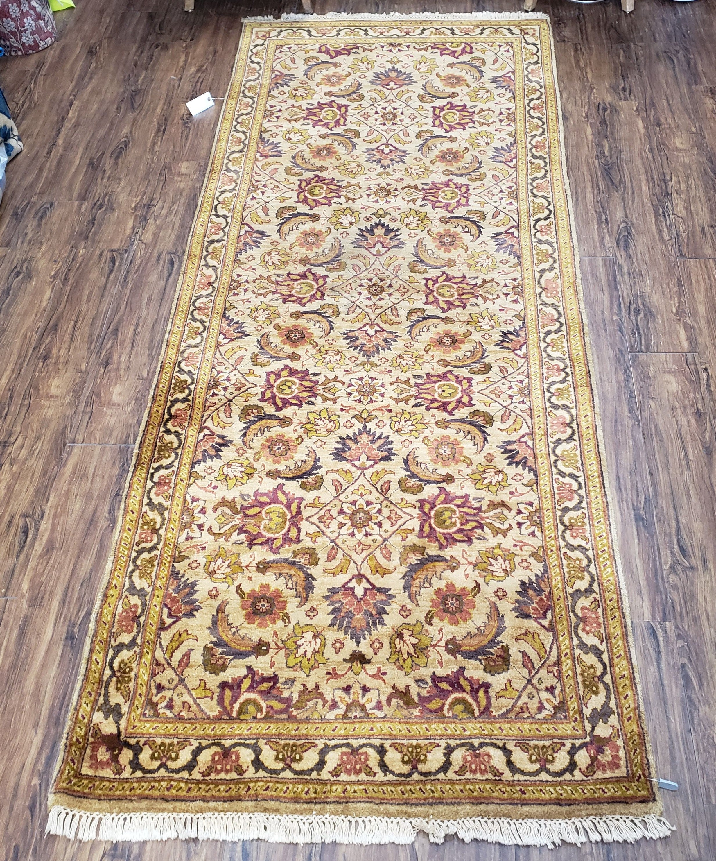 Indian Runner Rug 4x10, Handmade Hand Knotted Wool Oriental Runner Rug 4 x 10 Wide Runner, Vintage Corridor Hallway Runner, Tan Gold Floral - Jewel Rugs