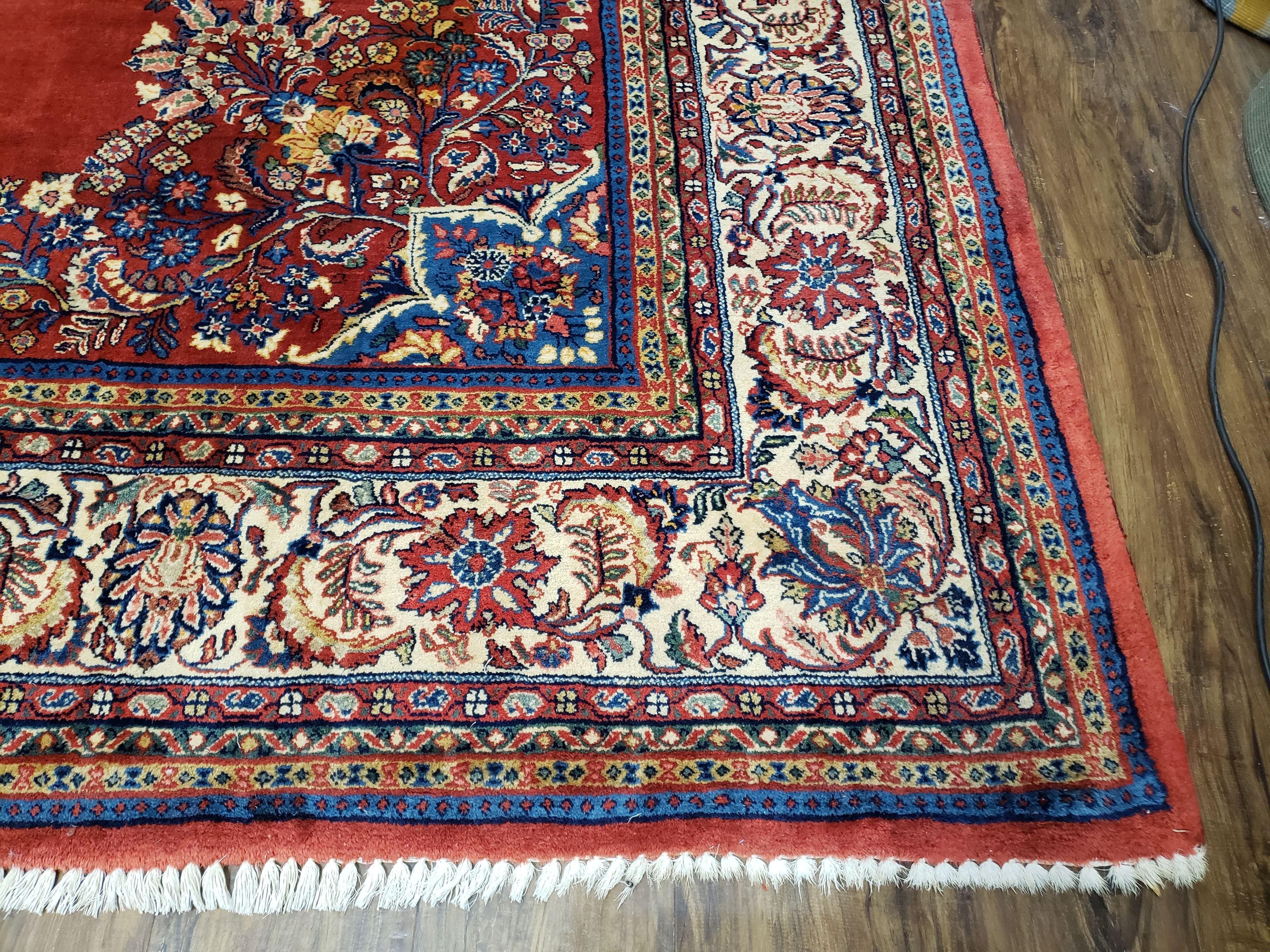 Semi Antique Persian Sarouk Rug 9x12, Semi Open Field with Central Medallion, Hand Knotted Wool, Tomato Red, 9 x 12 Authentic Oriental Carpet - Jewel Rugs